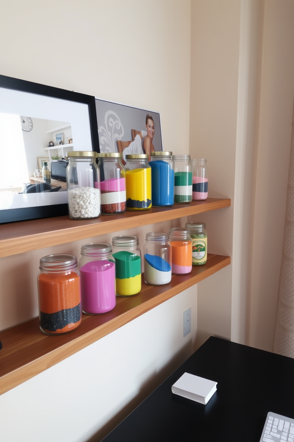 A cozy home office setting featuring decorative jars filled with colored sand arranged on a wooden shelf. The jars vary in size and color, creating a vibrant focal point against a backdrop of soft beige walls and a sleek black desk.