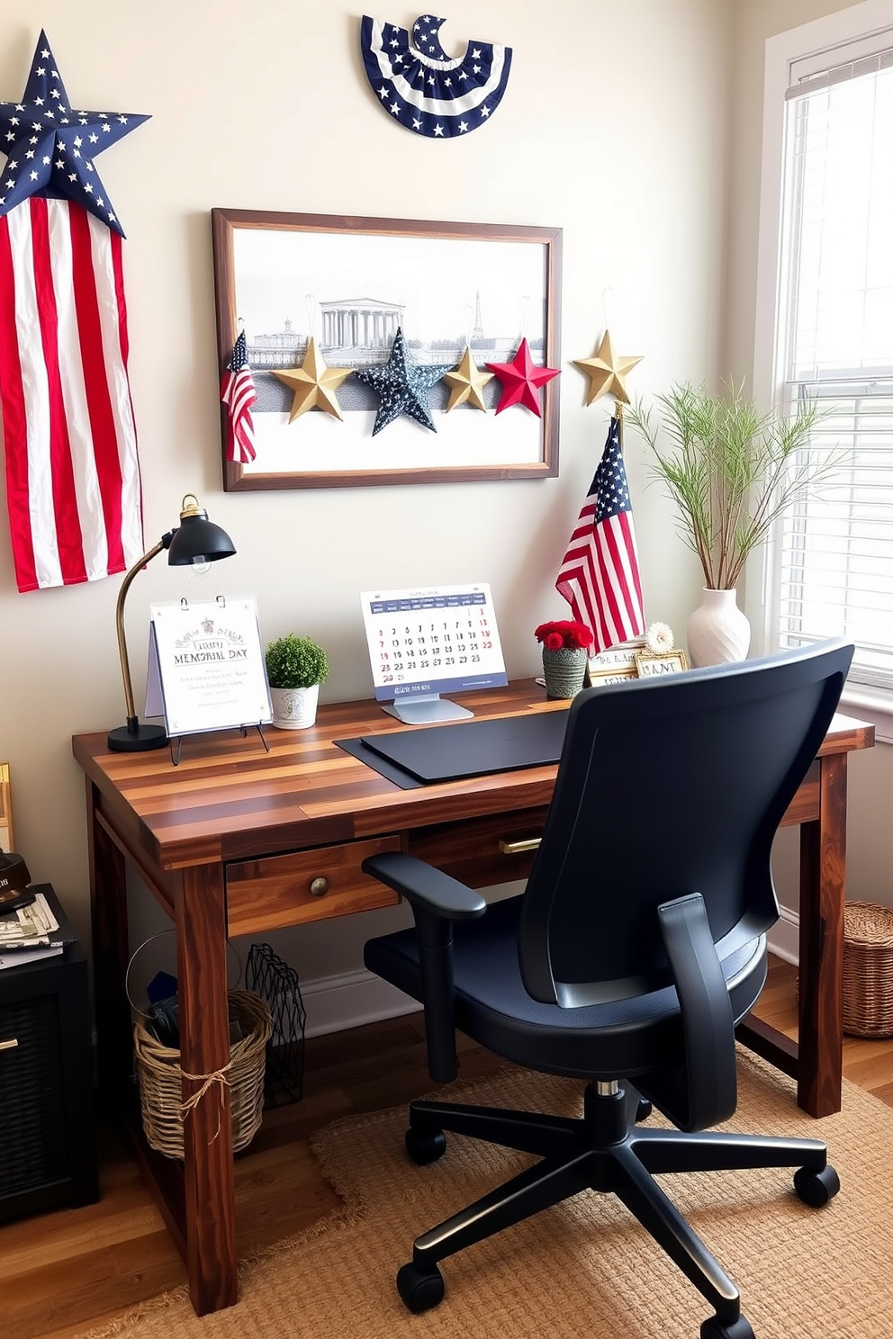 A stylish home office featuring a desk calendar adorned with stars and stripes to celebrate Memorial Day. The desk is made of reclaimed wood, complemented by a comfortable ergonomic chair and patriotic decor accents throughout the space.