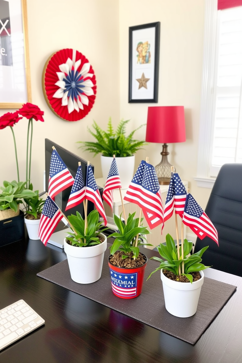 A cozy home office space decorated for Memorial Day featuring mini American flags placed in flower pots. The desk is adorned with red white and blue accents creating a festive and patriotic atmosphere.