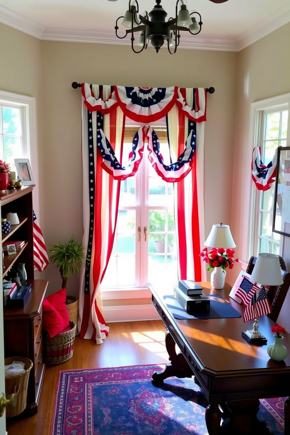 A cozy home office decorated for Memorial Day features patriotic bunting draped elegantly around the windows. The space is filled with natural light, highlighting a wooden desk adorned with red, white, and blue accents.