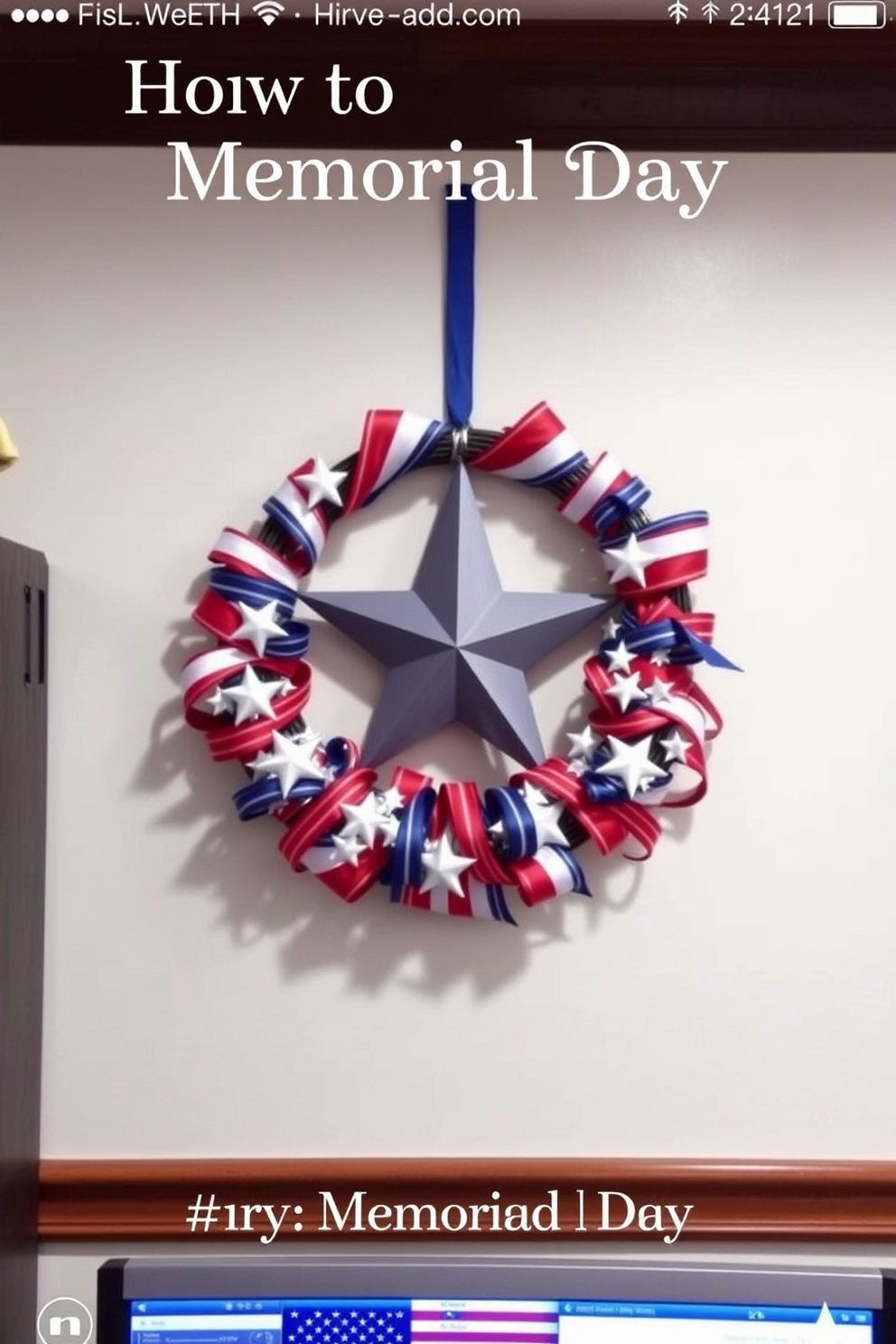 A star and ribbon wreath is elegantly displayed on the wall, adding a festive touch to the home office. The wreath features a blend of red, white, and blue ribbons intertwined with stars, creating a patriotic atmosphere for Memorial Day.