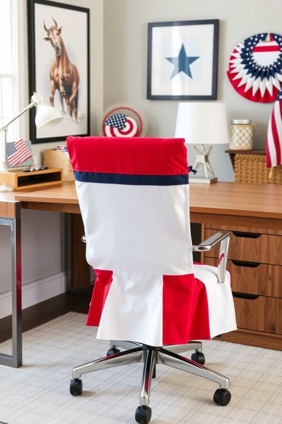 A stylish home office featuring a desk chair adorned with a red white and blue cover. The chair is positioned at a sleek wooden desk, complemented by patriotic decor elements that celebrate Memorial Day.