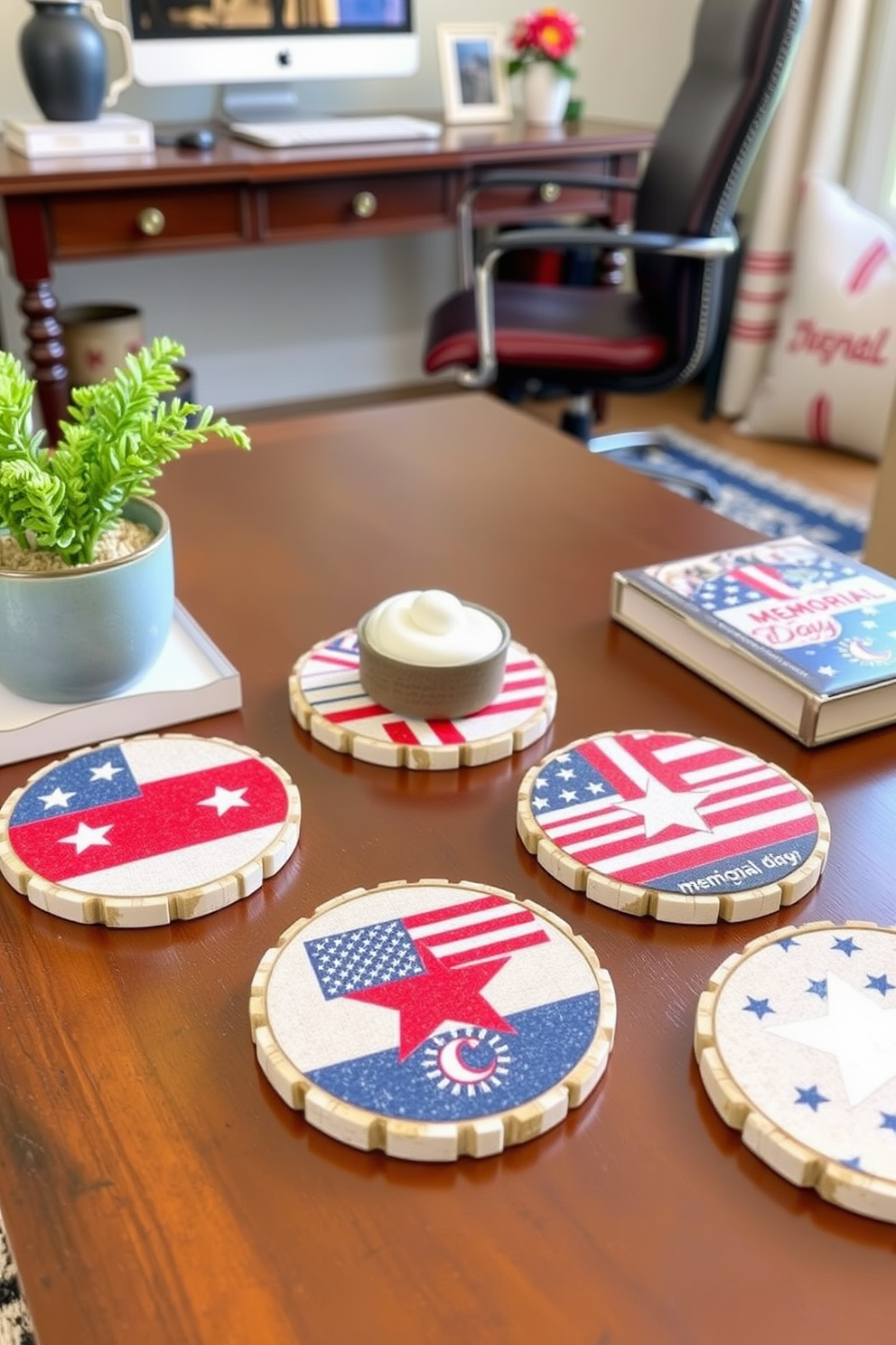 Themed coasters for a coffee table featuring red white and blue designs. Each coaster showcases patriotic symbols like stars and stripes alongside seasonal motifs for Memorial Day. Home office decorating ideas that blend functionality with comfort. Incorporate a stylish desk with ample storage paired with ergonomic seating and vibrant decor to inspire creativity.