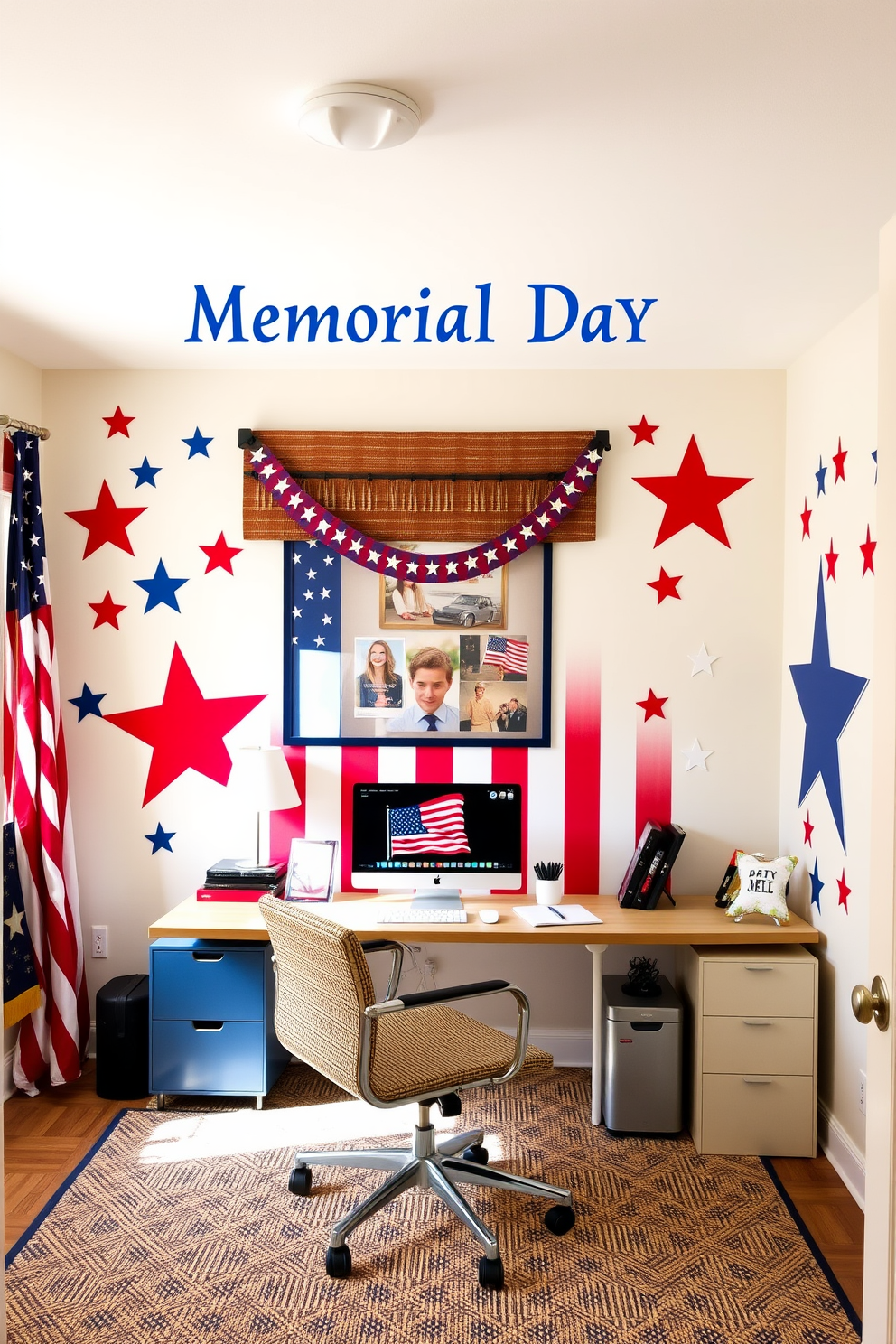 A home office adorned with patriotic themed wall decals celebrating Memorial Day. The walls feature large stars and stripes decals in red white and blue, creating a vibrant and inspiring workspace.