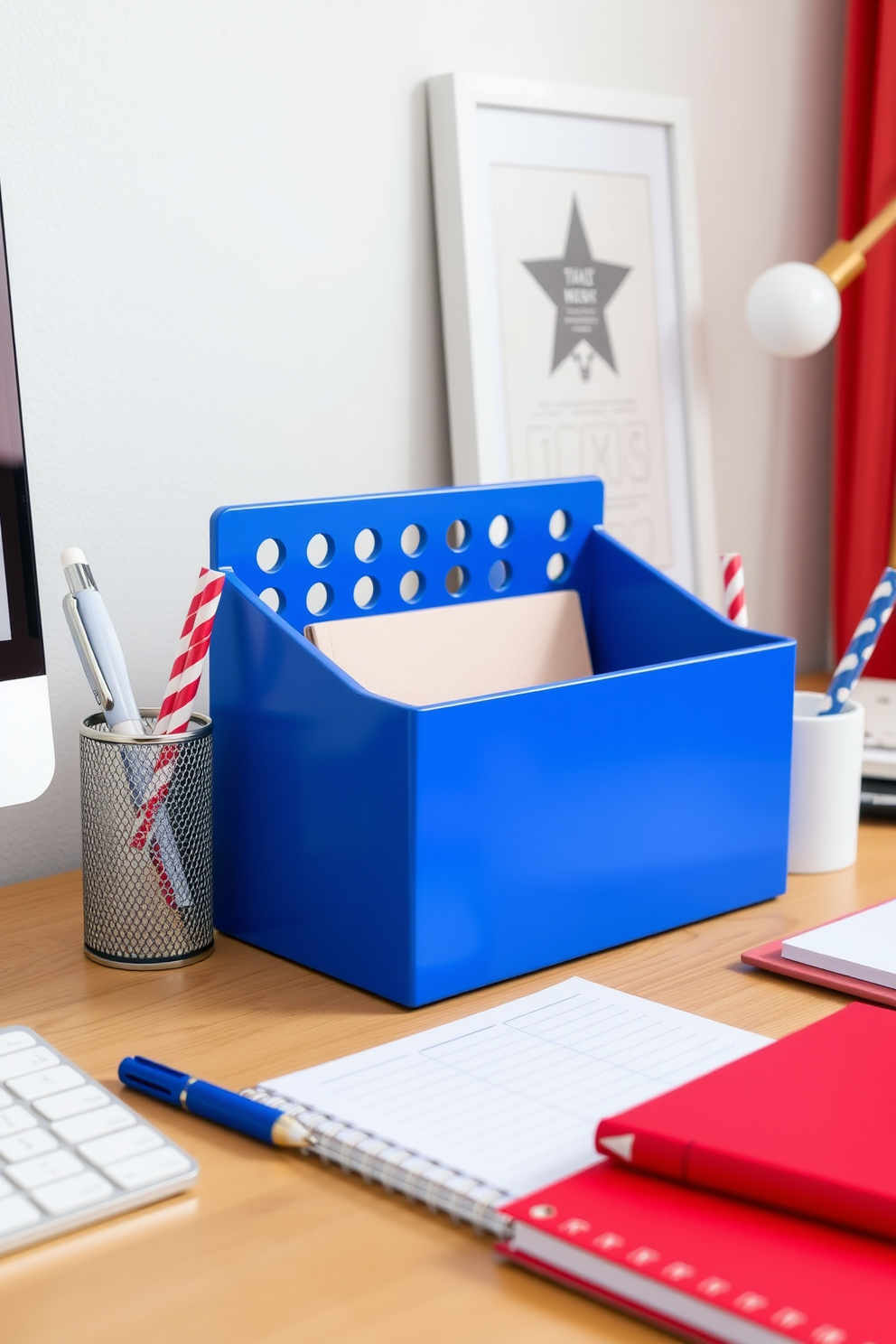 A stylish home office setup featuring desk accessories in red, white, and blue. The desk is adorned with a vibrant blue desk organizer, a sleek white pen holder, and a red notebook, creating a festive yet professional atmosphere.