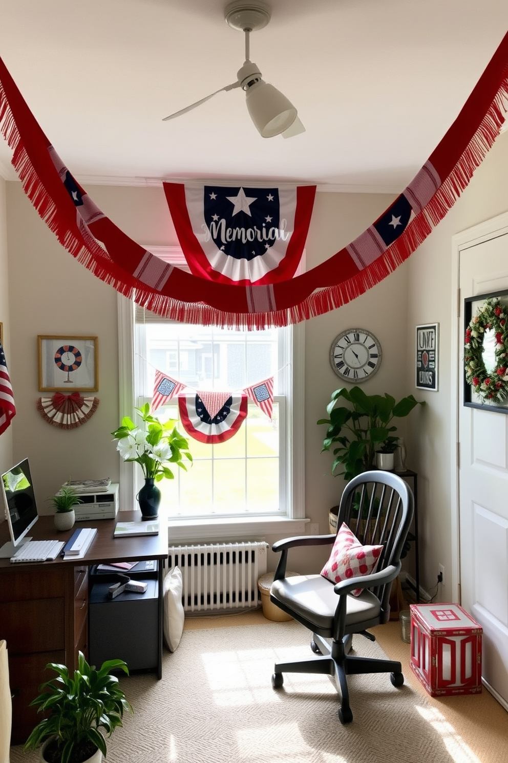 A cozy home office setting decorated for Memorial Day. Festive banners in red white and blue are strung across the room creating a patriotic atmosphere.