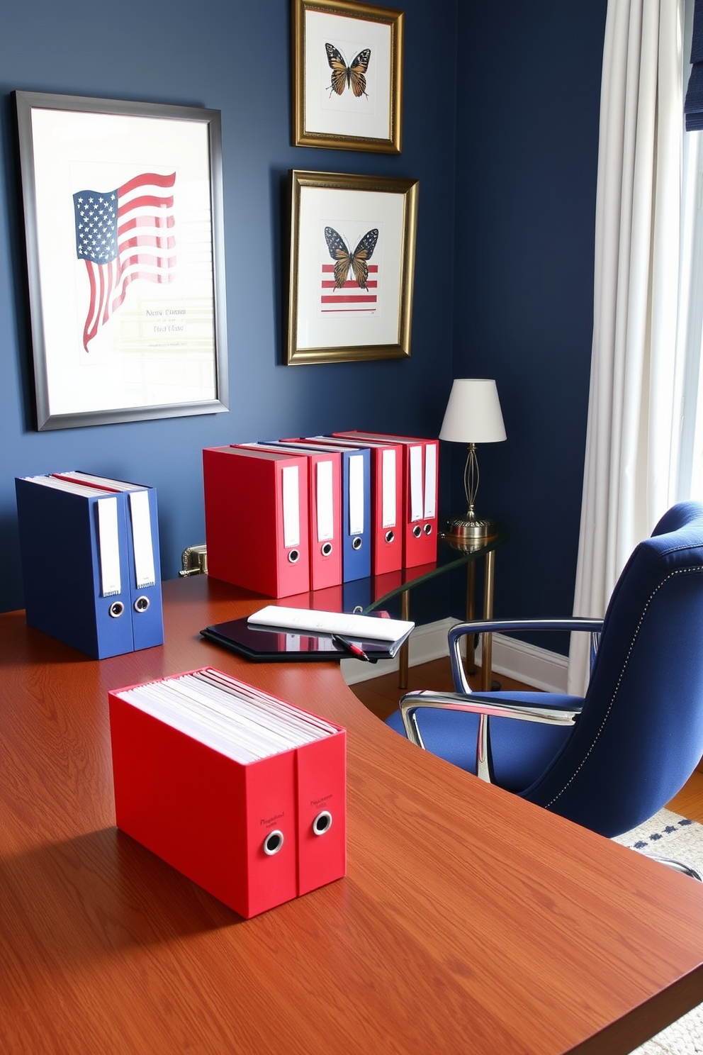 A stylish home office setting featuring red, white, and blue file organizers neatly arranged on a sleek wooden desk. The walls are adorned with patriotic artwork, and a comfortable chair in navy fabric adds a touch of elegance to the space.