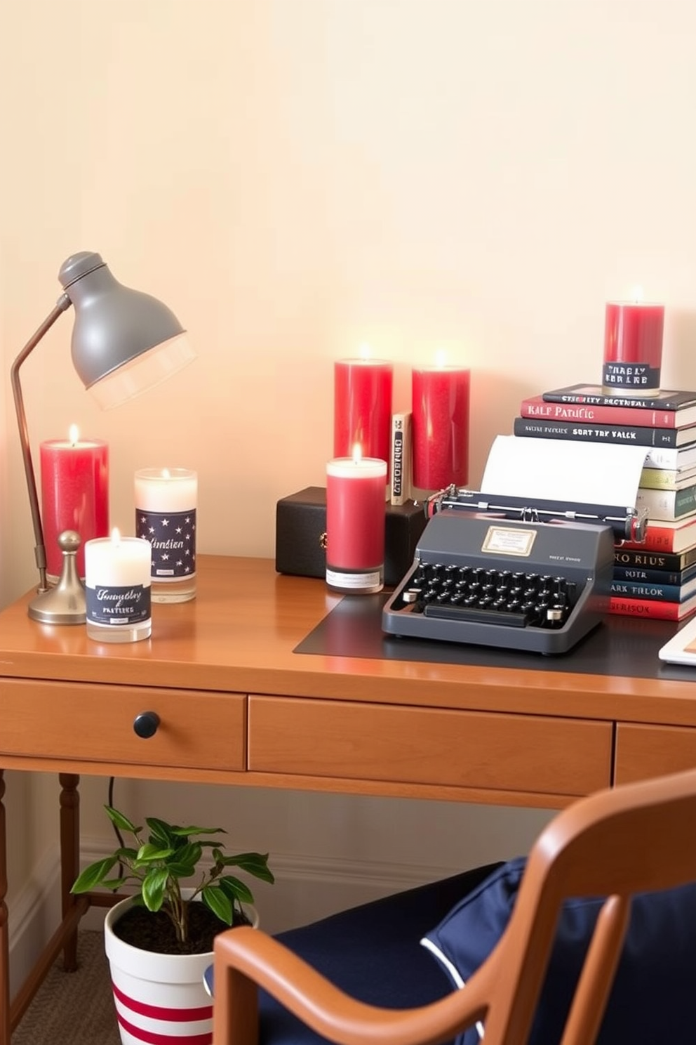 A cozy home office setting adorned with seasonal scented candles in red, white, and blue hues. The candles are arranged on a stylish desk alongside a vintage typewriter and a stack of patriotic-themed books. The walls are painted in a soft cream color, creating a warm and inviting atmosphere. A comfortable chair with a navy blue cushion sits in front of the desk, and a small potted plant adds a touch of greenery to the space.