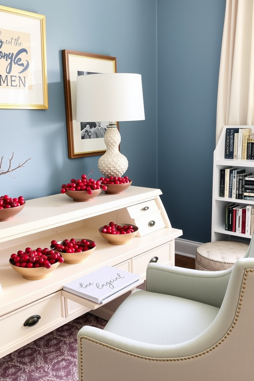 A cozy home office setting featuring a stylish desk adorned with decorative bowls filled with faux berries. The walls are painted in a soft blue hue, and a comfortable armchair sits in the corner, complemented by a small bookshelf filled with inspiring reads.