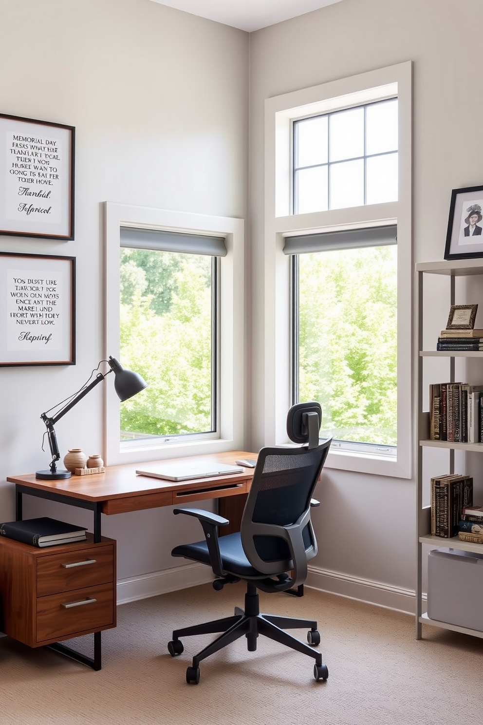 A serene home office setting. The walls are adorned with framed Memorial Day quotes that inspire reflection and gratitude. A sleek wooden desk is positioned in front of a large window, allowing natural light to fill the space. A comfortable ergonomic chair complements the desk, while shelves filled with books and decorative items add personality to the room.