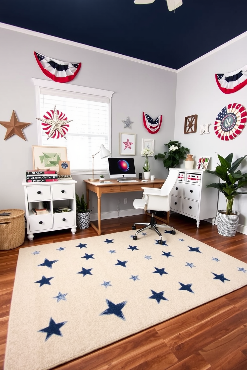 A cozy home office setting featuring a desk positioned over a star patterned area rug that adds a playful touch to the space. The walls are adorned with patriotic decor to celebrate Memorial Day, creating an inviting and festive atmosphere.