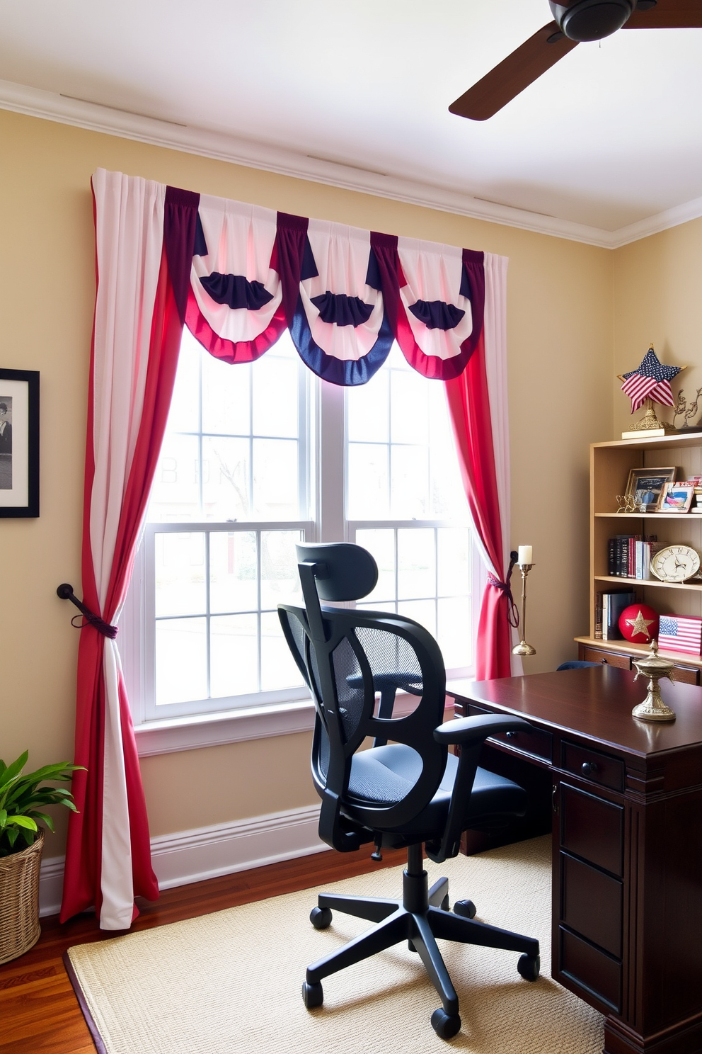 A cozy home office adorned with red white and blue curtains framing the windows. The desk is made of dark wood and features a stylish ergonomic chair, while patriotic decor elements are tastefully arranged on the shelves.