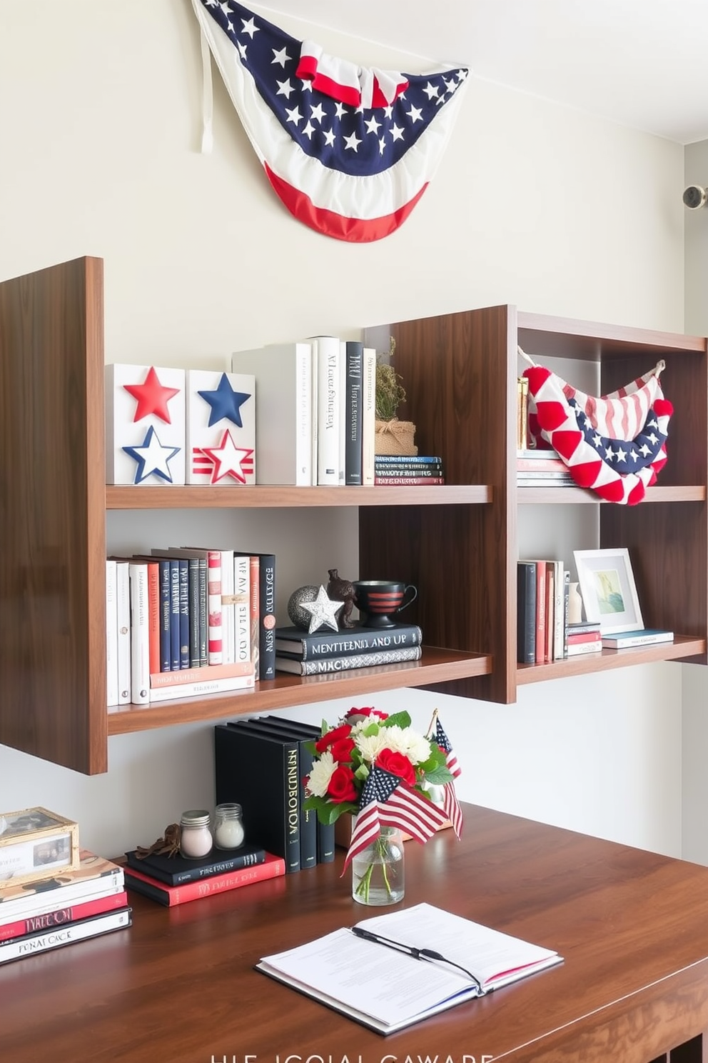 Patriotic themed bookends are displayed on sleek wooden shelves, featuring stars and stripes designs in red, white, and blue. The shelves are adorned with a mix of books and decorative items that celebrate national pride, creating a warm and inviting home office atmosphere. For Memorial Day, the home office is decorated with subtle touches of red, white, and blue, including a stylish flag banner draped across the wall. A small arrangement of fresh flowers in patriotic colors sits on the desk, adding a cheerful and respectful nod to the holiday.