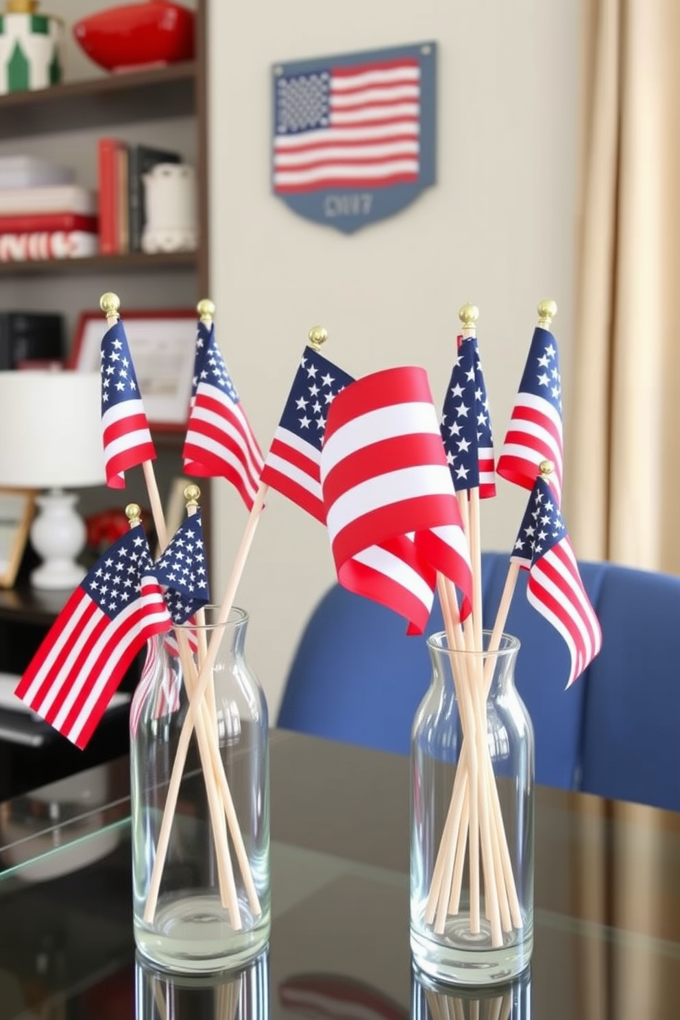 Decorative flags in glass vases create a festive atmosphere in a home office. The vibrant colors of the flags contrast beautifully with the clear glass, adding a touch of patriotism to the workspace. Incorporate these vases on shelves or desks to enhance the Memorial Day theme. Pair them with subtle red, white, and blue accents to complete the look and create a cohesive design.