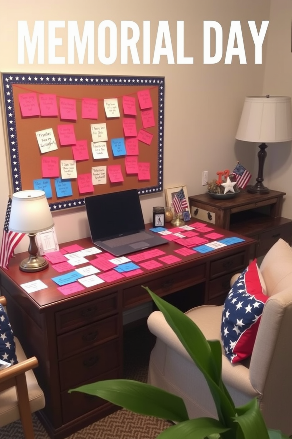 Create a cozy home office space decorated with themed sticky notes for Memorial Day. The desk is adorned with red white and blue sticky notes featuring motivational quotes and reminders to honor the day. Incorporate a bulletin board on the wall to display the sticky notes in an organized manner. Surround the desk with comfortable seating and patriotic decor to enhance the festive atmosphere.