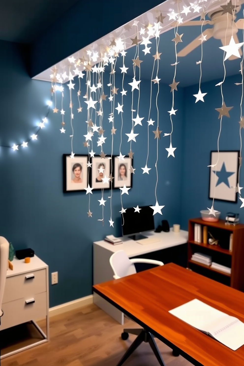 A home office adorned with star-shaped garlands gracefully drapes across the ceiling, creating a whimsical yet sophisticated atmosphere. The walls are painted in a calming blue hue, while a sleek wooden desk with a modern chair sits centrally, inviting productivity and creativity.