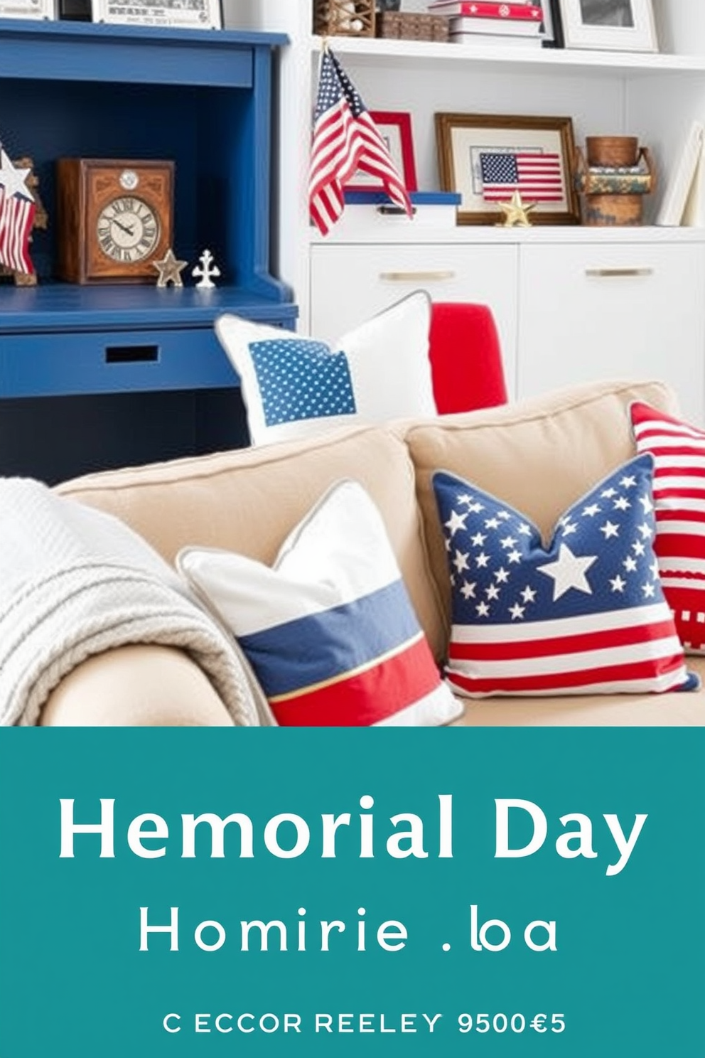 Memorial Day themed throw pillows featuring red white and blue colors with stars and stripes patterns. The pillows are arranged on a cozy beige sofa with a light gray throw blanket draped over one arm. Memorial Day Home Office Decorating Ideas include a patriotic color scheme with a blue desk and white shelving. Add decorative elements like a small American flag and themed artwork on the walls to create a festive atmosphere.