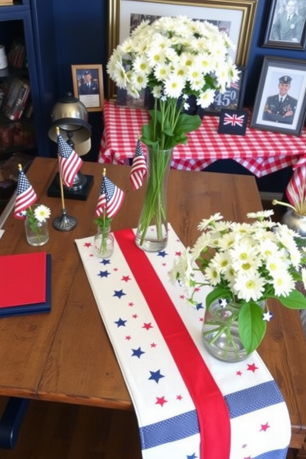 A festive desk runner inspired by Independence Day featuring red white and blue stripes with stars scattered throughout. The runner is displayed on a rustic wooden desk adorned with small American flags and a vase of fresh daisies. A patriotic Memorial Day theme for a home office incorporating navy blue accents and white floral arrangements. The desk is complemented by a red and white checkered tablecloth and framed photos of military heroes.