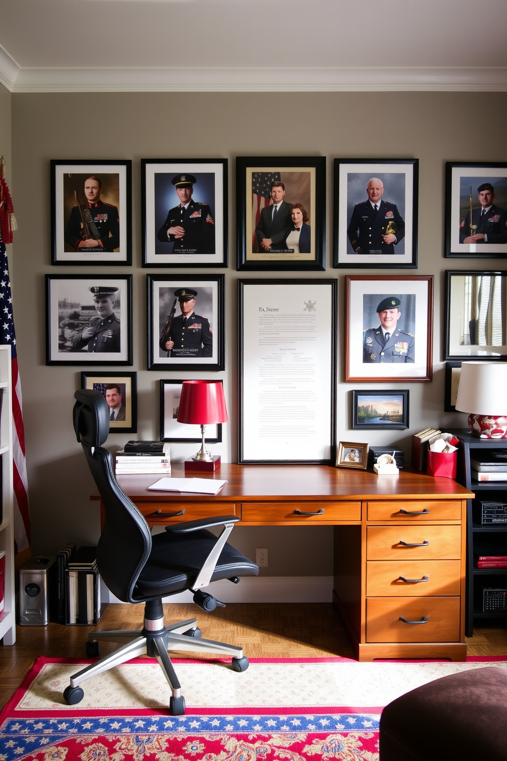 A home office featuring a gallery wall adorned with framed photos of military heroes. The decor includes a sturdy wooden desk, a comfortable ergonomic chair, and a patriotic color scheme of red, white, and blue.