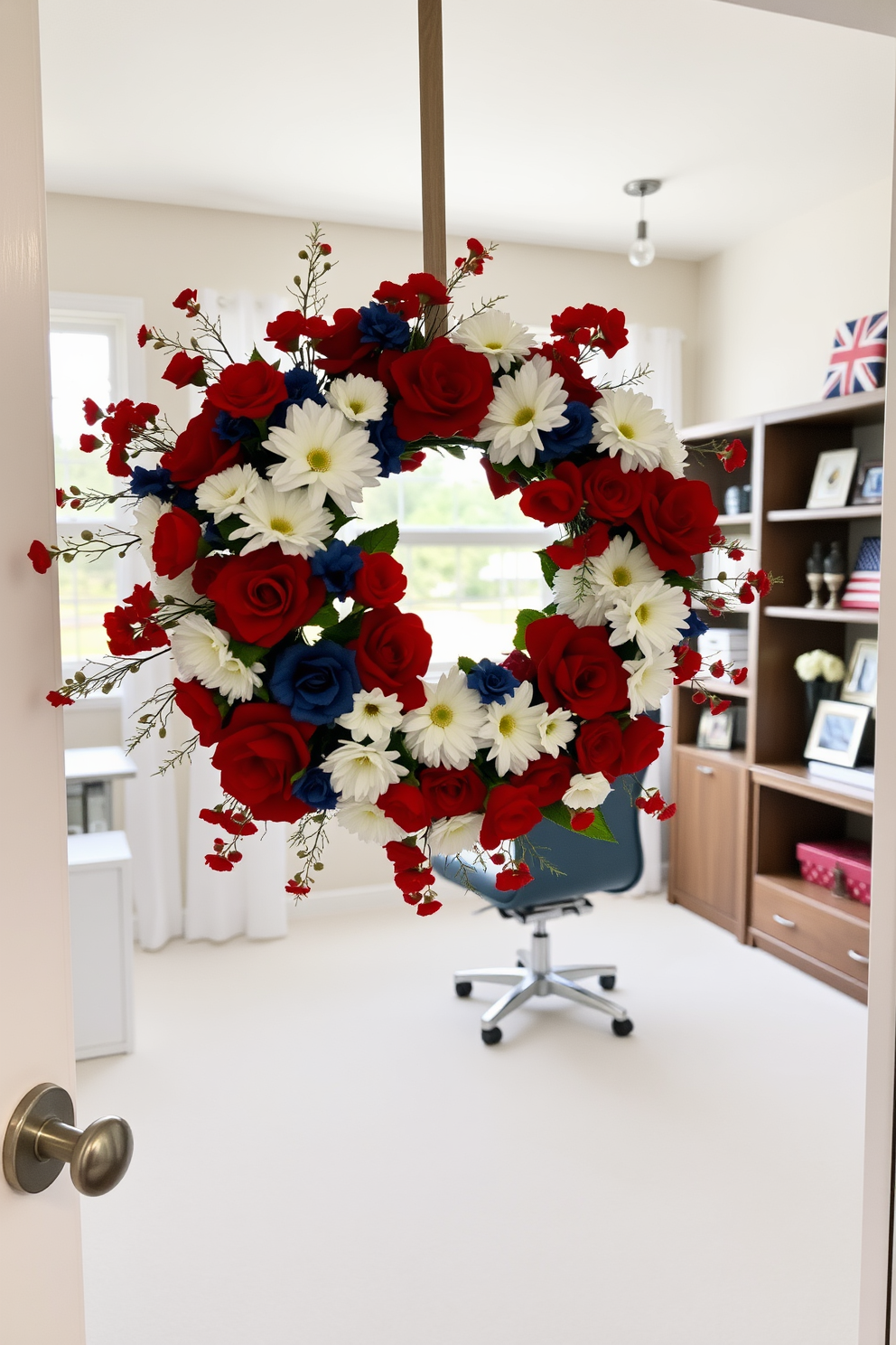 A patriotic wreath adorned with red white and blue flowers hangs on the office door creating a welcoming atmosphere. Inside the home office a sleek desk is positioned near a window allowing natural light to illuminate the space while patriotic decor accents the shelves.