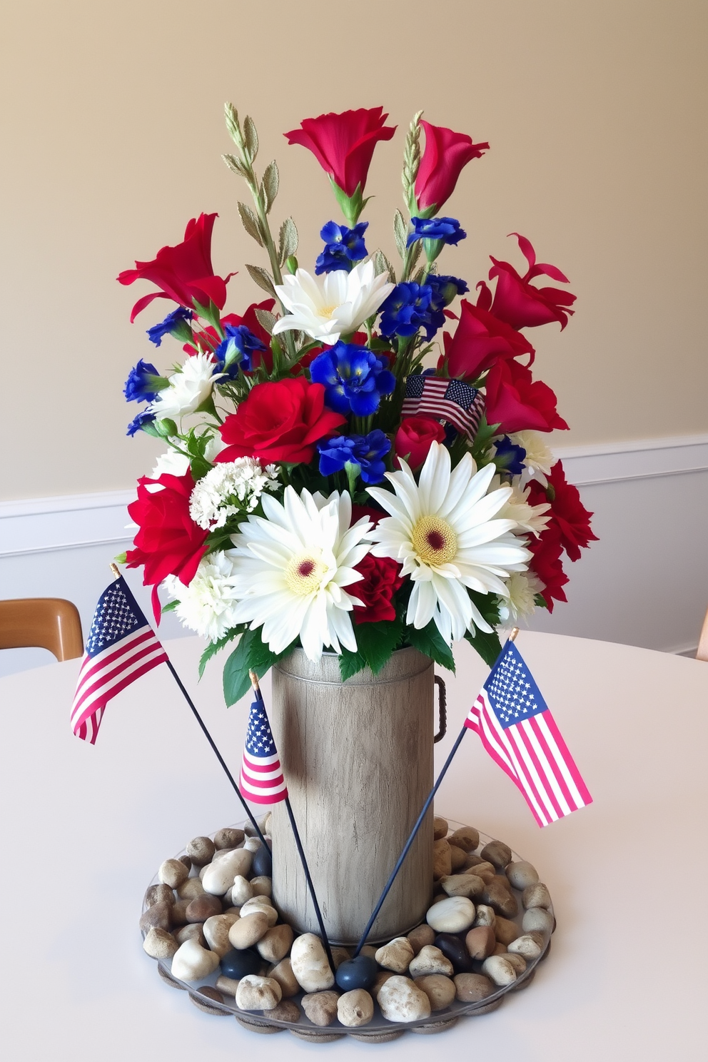 A striking table centerpiece celebrating Memorial Day. The arrangement features vibrant red white and blue flowers in a rustic vase surrounded by small American flags and decorative stones.