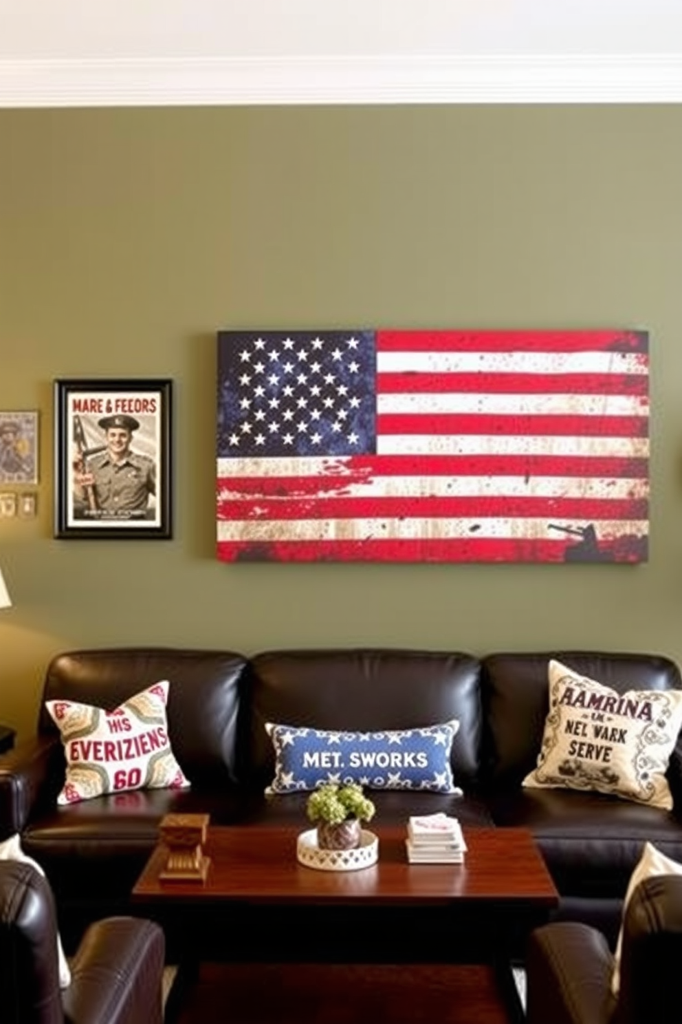 Create a home theater that celebrates patriotism with wall art inspired by Memorial Day. The design features a large canvas displaying the American flag, complemented by framed photographs of military heroes and vintage war posters.