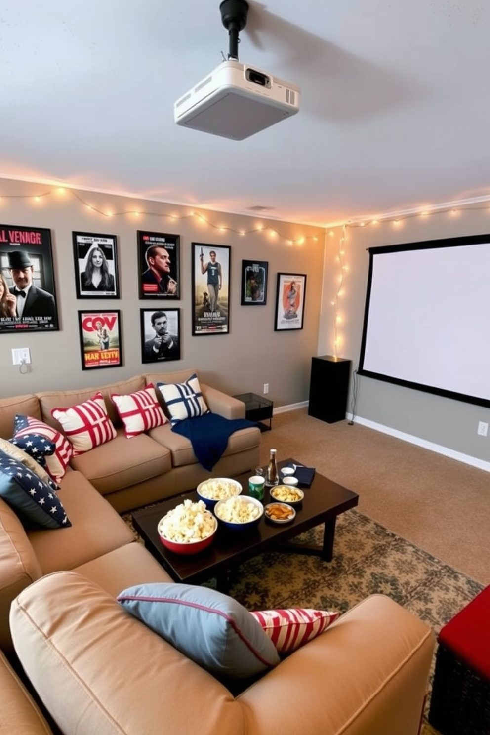 A cozy home theater setting for a Memorial Day movie marathon. The room features a large sectional sofa with patriotic throw pillows and a coffee table adorned with popcorn bowls and snacks. The walls are decorated with framed movie posters and string lights for ambiance. A large screen is set up for viewing, with a projector mounted on the ceiling, creating a perfect cinematic experience.