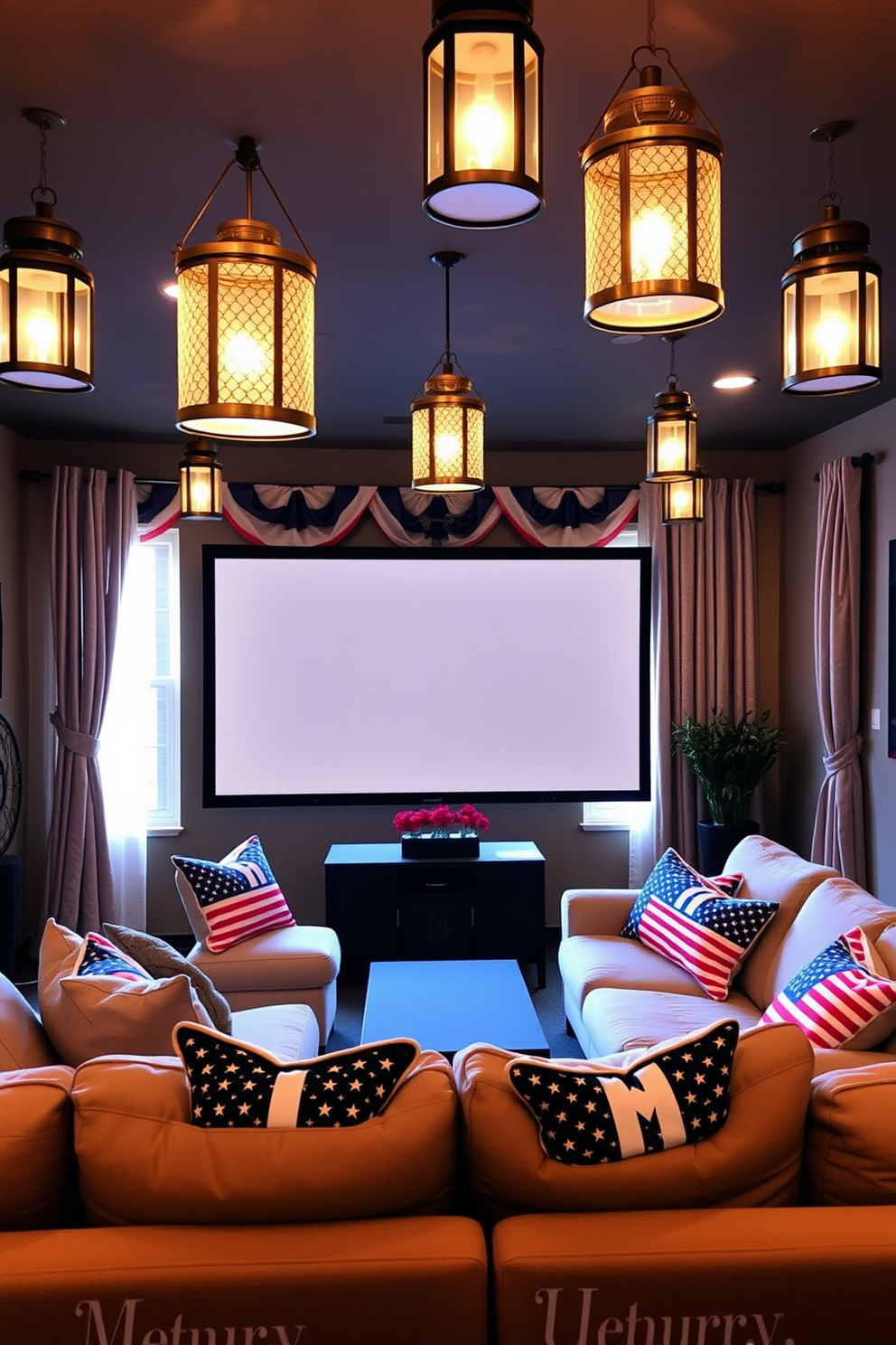 A cozy home theater setting designed for Memorial Day celebrations. The room features decorative lanterns hanging from the ceiling, casting a warm and inviting glow throughout the space. Plush seating is arranged in a semi-circle facing a large screen, with patriotic-themed throw pillows adding a festive touch. Soft drapes frame the windows, enhancing the ambiance while maintaining privacy for movie nights.