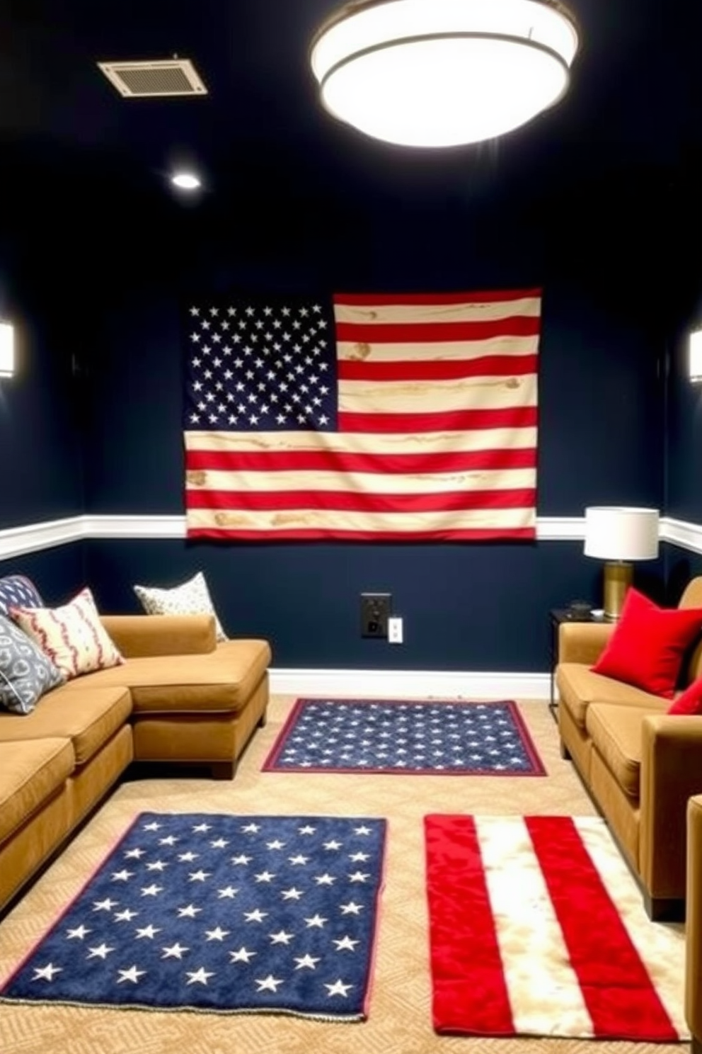 A cozy home theater setting featuring flag-themed rugs that add warmth and character to the space. The walls are painted in a deep navy blue, and comfortable seating is arranged for optimal viewing. The rugs showcase a blend of red, white, and blue patterns, enhancing the patriotic theme. Soft lighting fixtures create an inviting atmosphere for movie nights with family and friends.