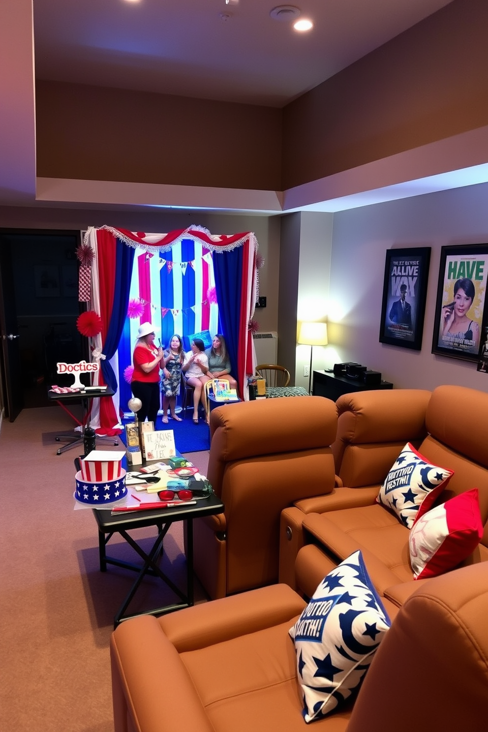 A vibrant DIY photo booth is set up in a spacious room, featuring a colorful backdrop adorned with red, white, and blue decorations. A variety of fun props, such as patriotic hats, sunglasses, and signs, are arranged on a nearby table for guests to enjoy. The home theater is designed for comfort and style, with plush reclining seats and a large screen at the front. Soft ambient lighting enhances the cozy atmosphere, while decorative elements like framed movie posters and themed cushions complete the look.