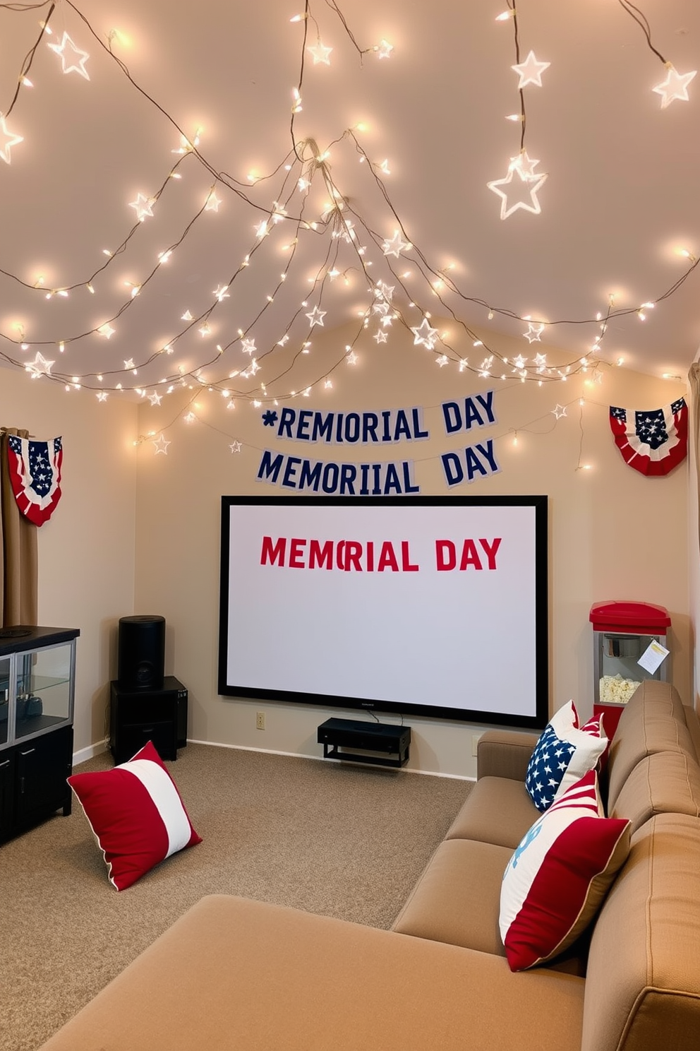 A cozy home theater setting decorated for Memorial Day. The room features a large screen with a comfortable sectional sofa adorned with red white and blue throw pillows. Star shaped fairy lights are draped across the ceiling creating a warm inviting glow. A patriotic banner hangs on the wall and a popcorn machine sits in the corner for a festive touch.