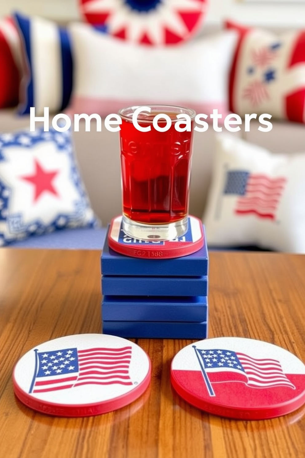 Patriotic themed coasters for drinks featuring a bold red white and blue color scheme. Each coaster showcases iconic symbols of American pride such as stars stripes and the national flag. Memorial Day home theater decorating ideas that create a warm and inviting atmosphere. Incorporate red white and blue accents with themed cushions and wall art to honor the occasion.