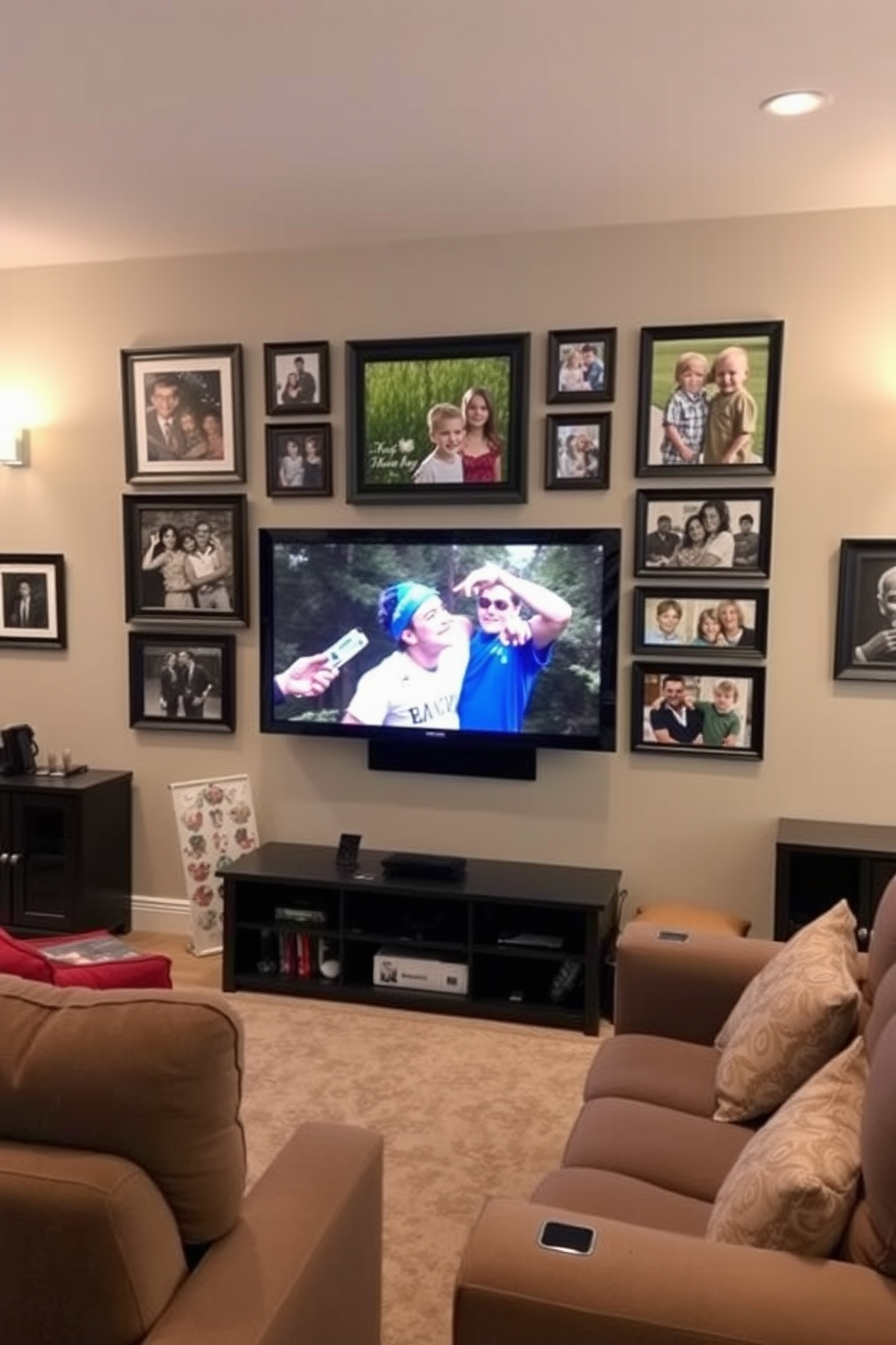 A cozy home theater setting featuring a family photo wall filled with cherished memories from Memorial Day celebrations. The wall is adorned with framed pictures in varying sizes, showcasing joyful moments, while the theater area includes plush seating and ambient lighting for a warm atmosphere.