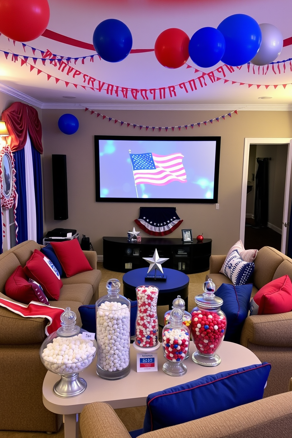 A festive home theater setting for Memorial Day. The walls are adorned with red white and blue decorations, including streamers and balloons, while a large screen displays a patriotic movie. Comfortable seating is arranged in a cozy layout with plush cushions in red and blue. A candy bar table is set up nearby, featuring an array of red white and blue candies in decorative jars and bowls.