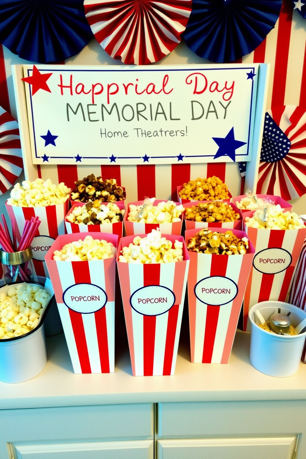 A festive popcorn station is set up for a Memorial Day celebration, featuring red white and blue striped containers filled with various popcorn flavors. The backdrop includes patriotic decorations with stars and stripes, creating a vibrant atmosphere perfect for a home theater setting.