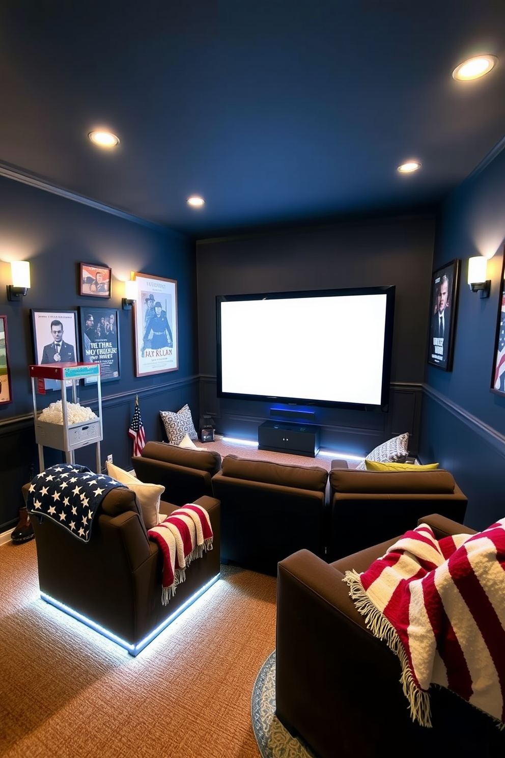 A cozy home theater designed for a Memorial Day movie night. The walls are painted a deep navy blue, adorned with framed posters of classic war films, and plush seating is arranged in a semi-circle facing a large screen. Soft ambient lighting creates a warm atmosphere, with LED strip lights under the seating and sconces on the walls. A vintage popcorn machine sits in the corner, and a selection of patriotic-themed throw blankets drapes over the seats for added comfort.