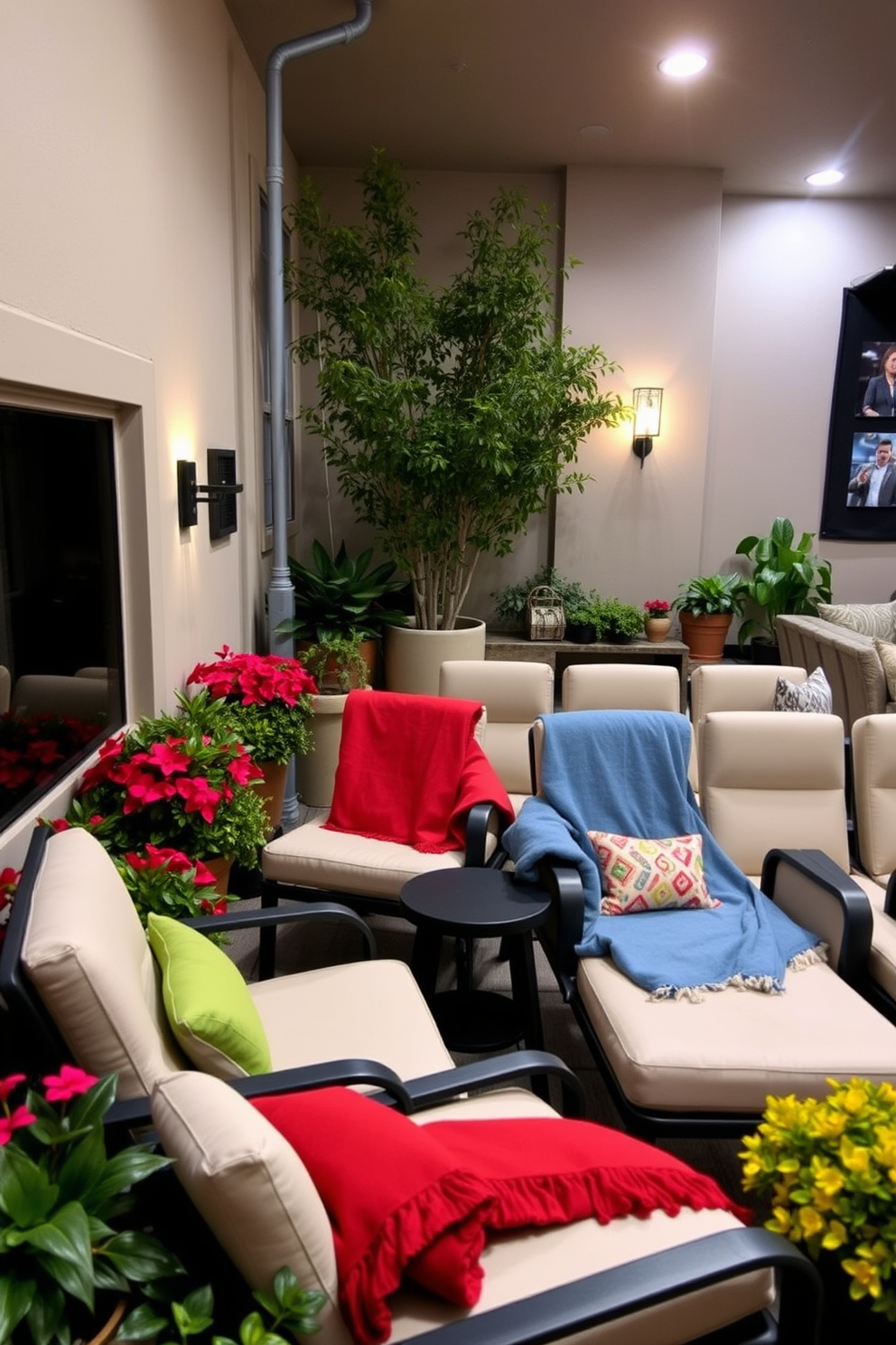 Outdoor seating area featuring comfortable lounge chairs surrounded by vibrant potted plants. Festive blankets are draped over the chairs, adding a pop of color and warmth to the space. Cozy home theater designed for ultimate relaxation and entertainment. Decor includes plush seating, soft ambient lighting, and themed decor elements that enhance the viewing experience for family and friends.