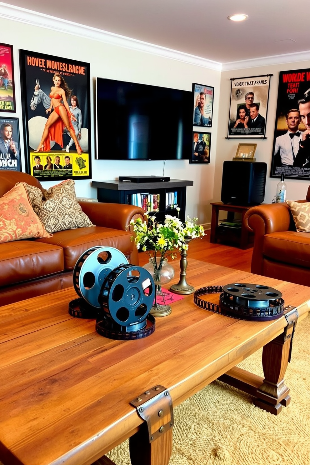 A cozy home theater setting featuring vintage film reels as centerpieces on a rustic wooden coffee table. The walls are adorned with classic movie posters and soft ambient lighting creates an inviting atmosphere for movie nights.