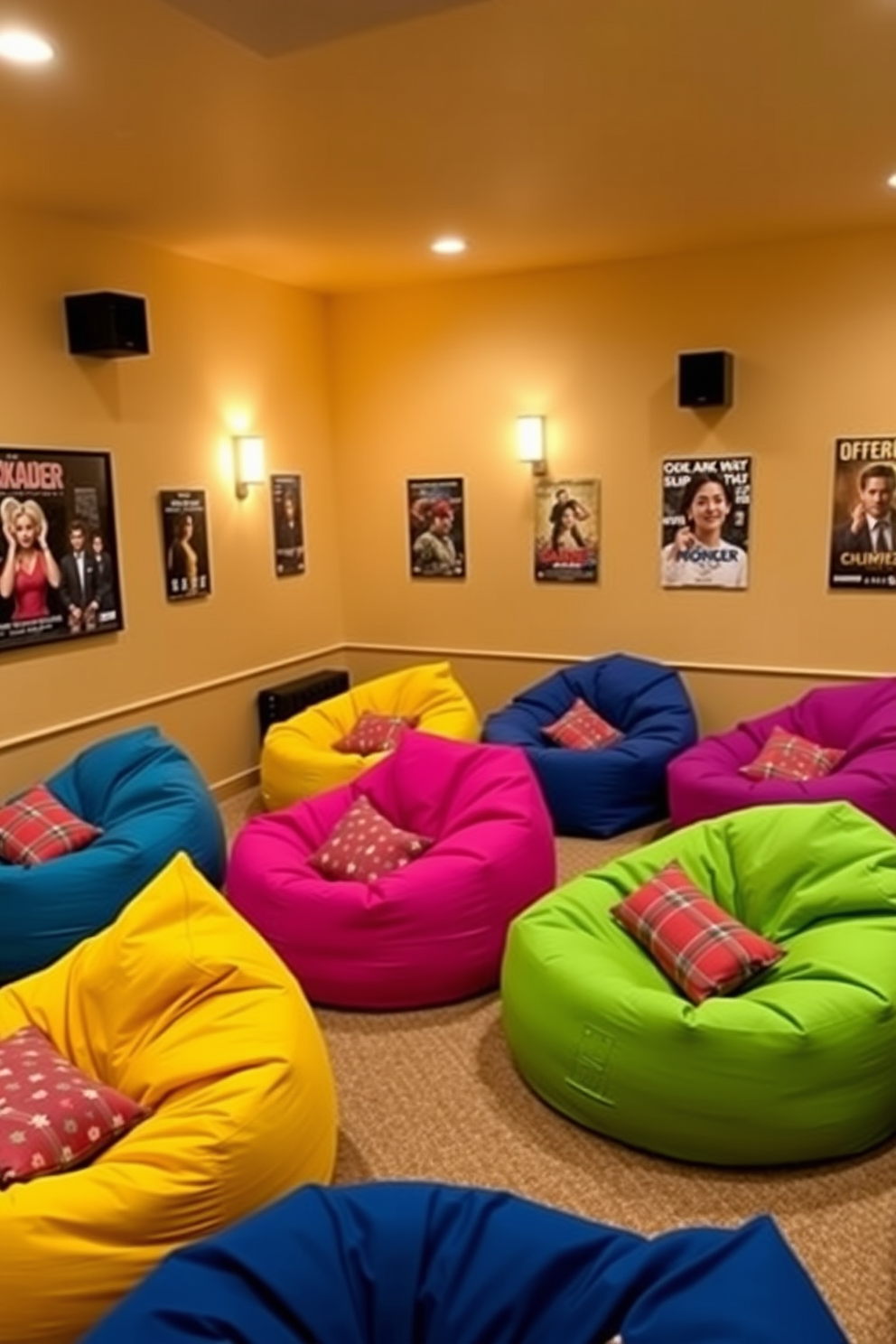 A cozy home theater space featuring comfortable bean bags in bright colors arranged for optimal viewing. The walls are adorned with movie posters, and soft lighting creates an inviting atmosphere for a relaxing movie night.