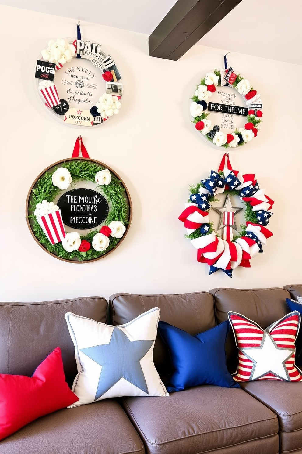 Decorative wreaths inspired by classic movie themes adorn the walls of a cozy home theater. Each wreath features elements like film reels, popcorn, and iconic movie quotes, creating a whimsical yet elegant atmosphere. For Memorial Day, the home theater is decorated with patriotic colors and symbols, incorporating red, white, and blue accents throughout the space. Subtle touches like star-shaped garlands and themed cushions enhance the festive yet sophisticated ambiance.