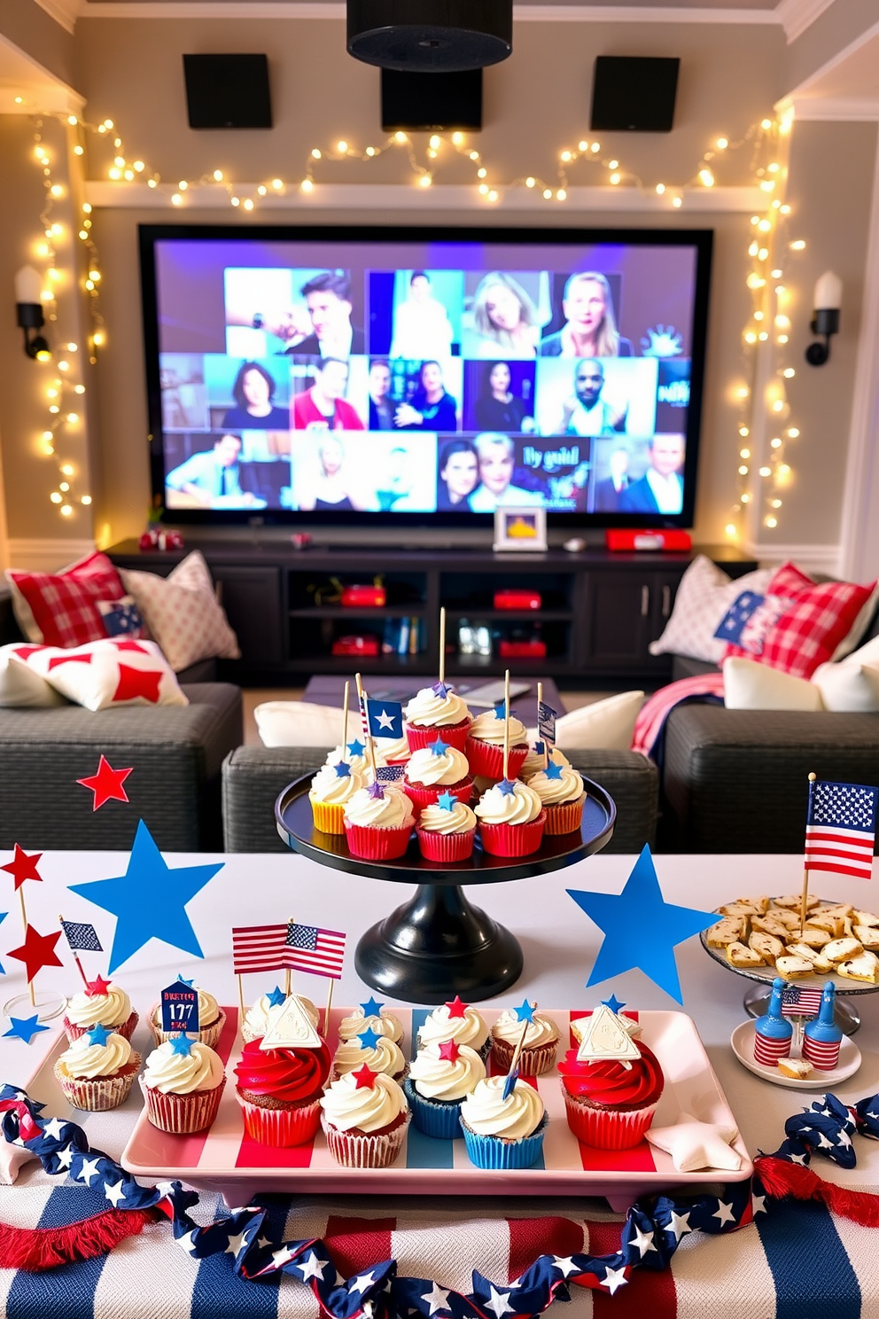 A vibrant display of themed cupcakes and desserts for a Memorial Day celebration. The table is adorned with red white and blue decorations featuring stars and stripes alongside an array of festive treats. A cozy home theater setting perfect for Memorial Day gatherings. The space is decorated with patriotic cushions and blankets while a large screen showcases classic movies with a backdrop of twinkling fairy lights.