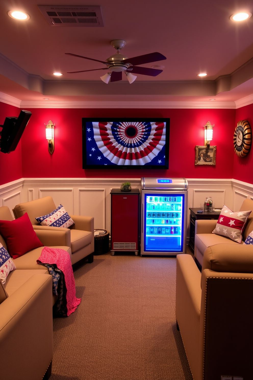 A vibrant home theater designed for Memorial Day celebrations. The room features a red, white, and blue beverage cooler prominently displayed, surrounded by comfortable seating and patriotic decor.