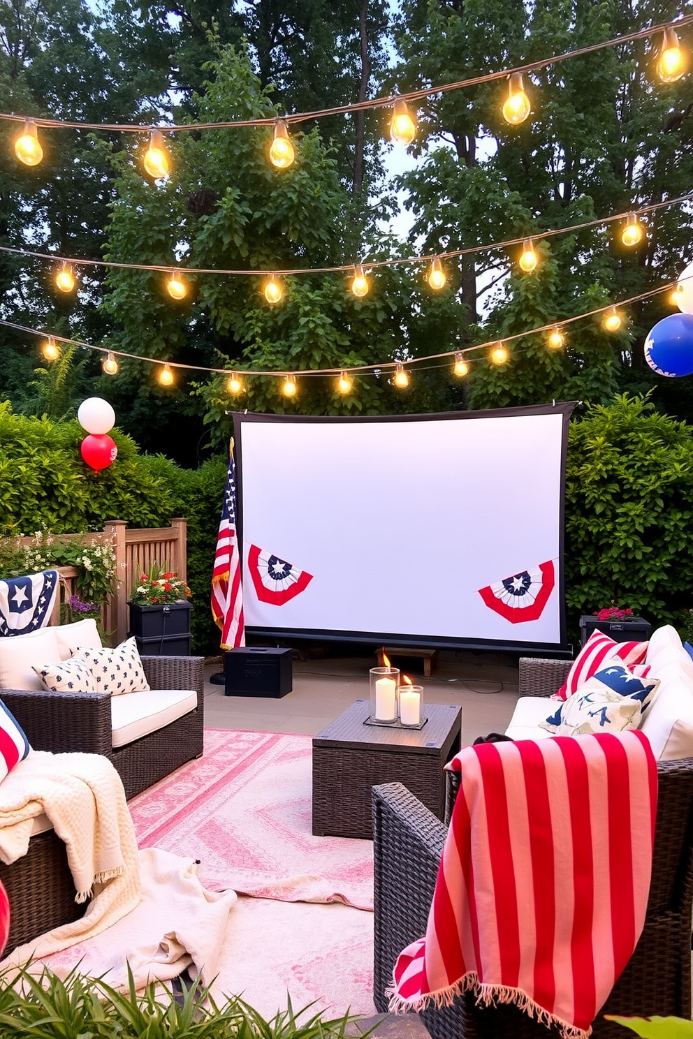 An outdoor home theater setting for Memorial Day featuring a large projector screen set against a backdrop of lush greenery. The area is adorned with festive red white and blue decorations including bunting and balloons creating a patriotic atmosphere. Comfortable seating options are arranged around the screen with cozy blankets and cushions for a relaxed viewing experience. String lights are draped overhead providing a warm glow as the sun sets creating an inviting ambiance for family and friends.