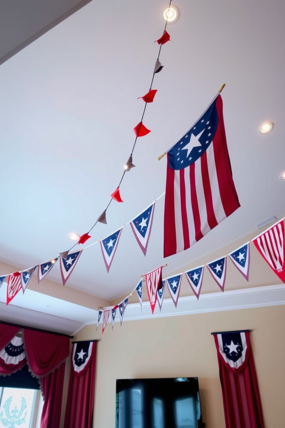 Festive banners hang gracefully from the ceiling, adding a vibrant touch to the home theater space. The banners, adorned with patriotic colors and symbols, create a celebratory atmosphere perfect for Memorial Day gatherings.