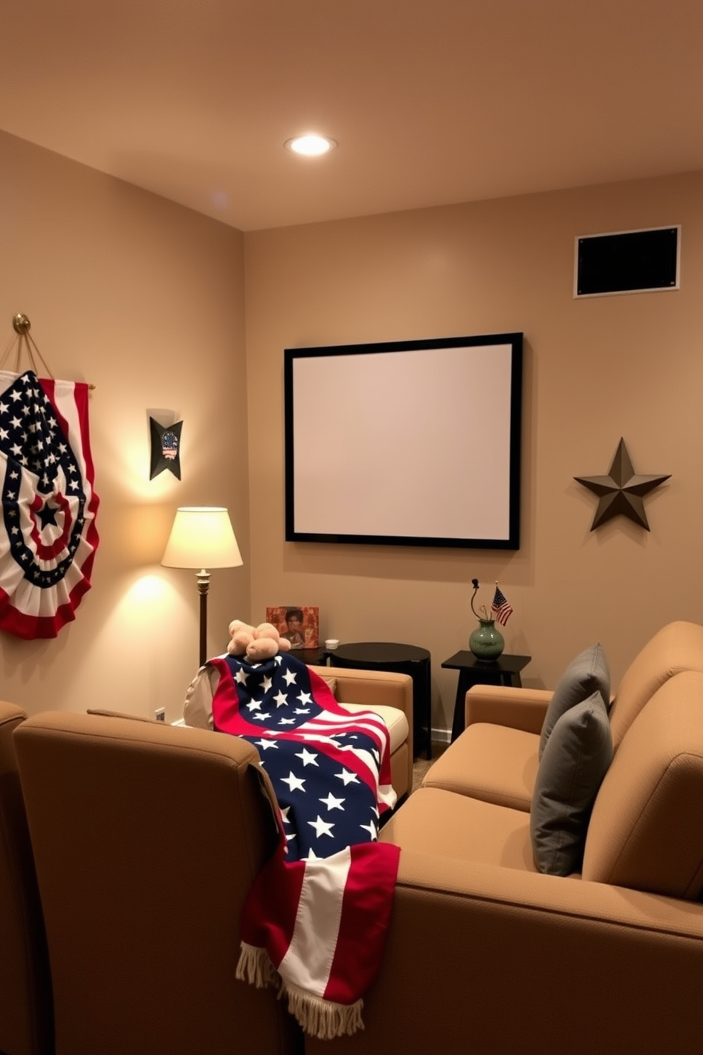 A cozy home theater featuring seating draped with a star spangled banner. The walls are adorned with patriotic decor and soft ambient lighting creates a festive atmosphere for Memorial Day celebrations.