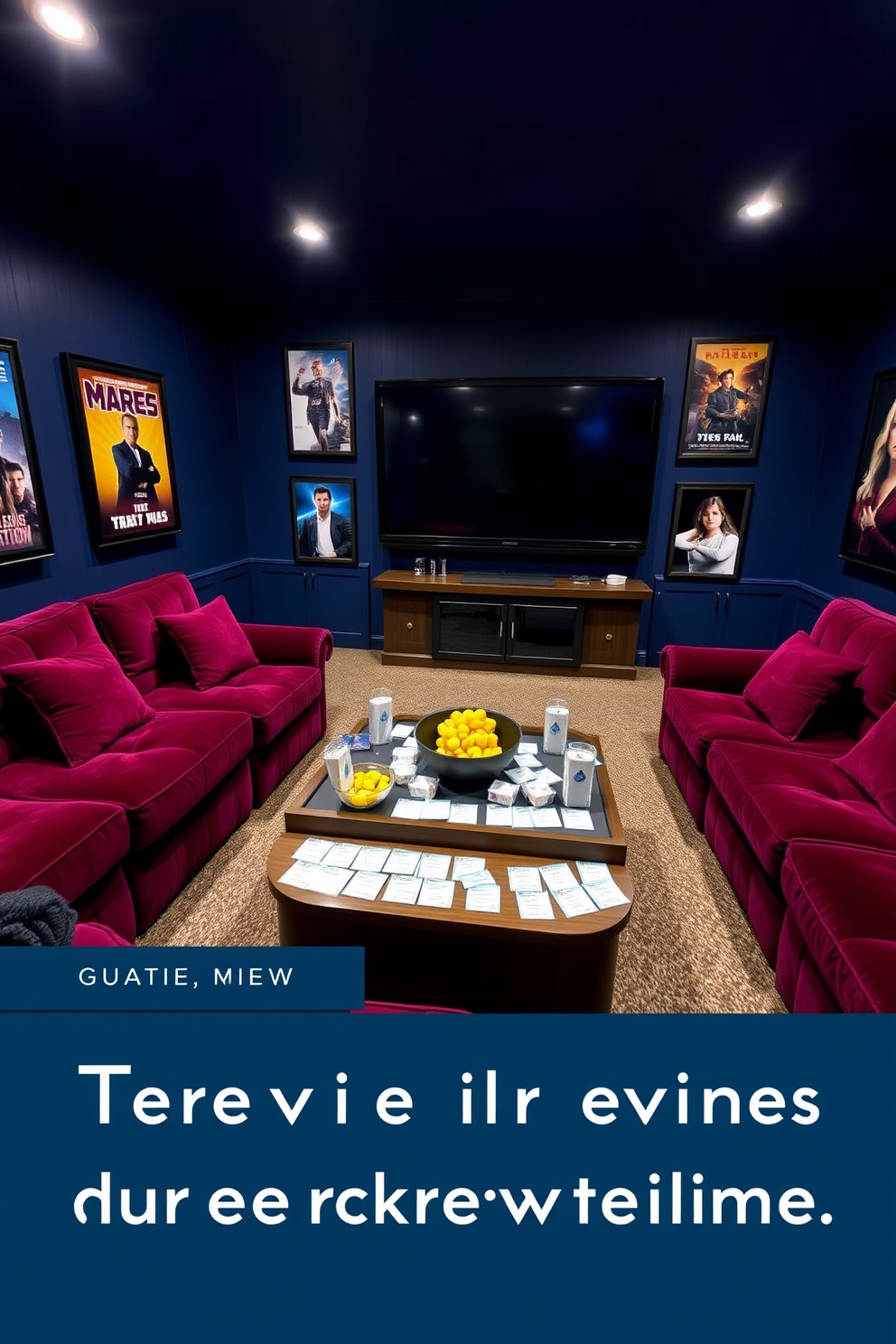 A cozy home theater setting for themed trivia games during intermission. The walls are painted a deep navy blue, adorned with framed movie posters, and a large screen is mounted on the front wall. Plush seating in rich burgundy velvet surrounds a central coffee table, which is set with themed trivia cards and snacks. Soft lighting from recessed fixtures creates an inviting atmosphere, perfect for entertaining guests.