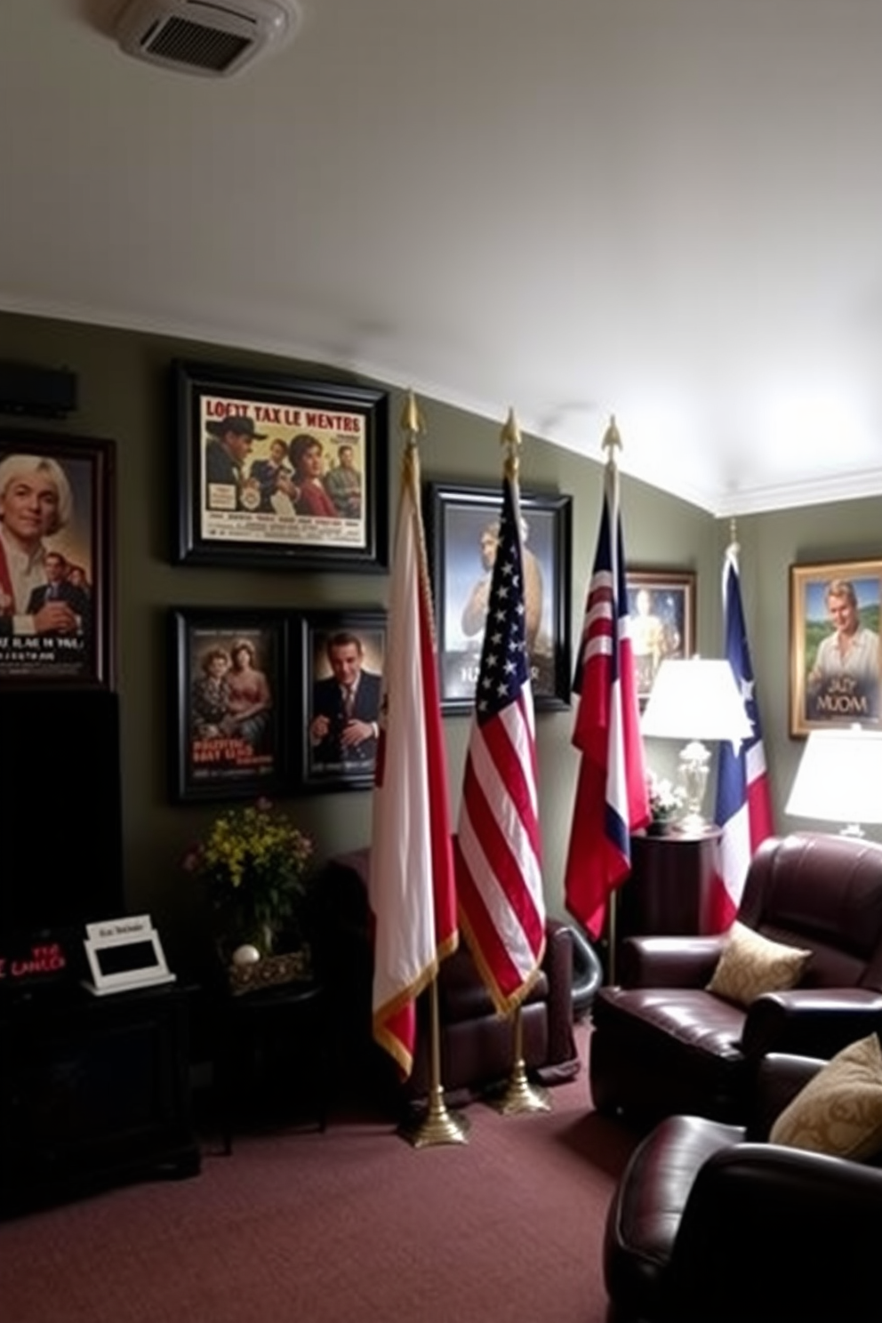 A cozy home theater featuring vintage movie posters framed elegantly on the walls. Flags representing various countries are tastefully arranged to create a festive atmosphere for Memorial Day celebrations.