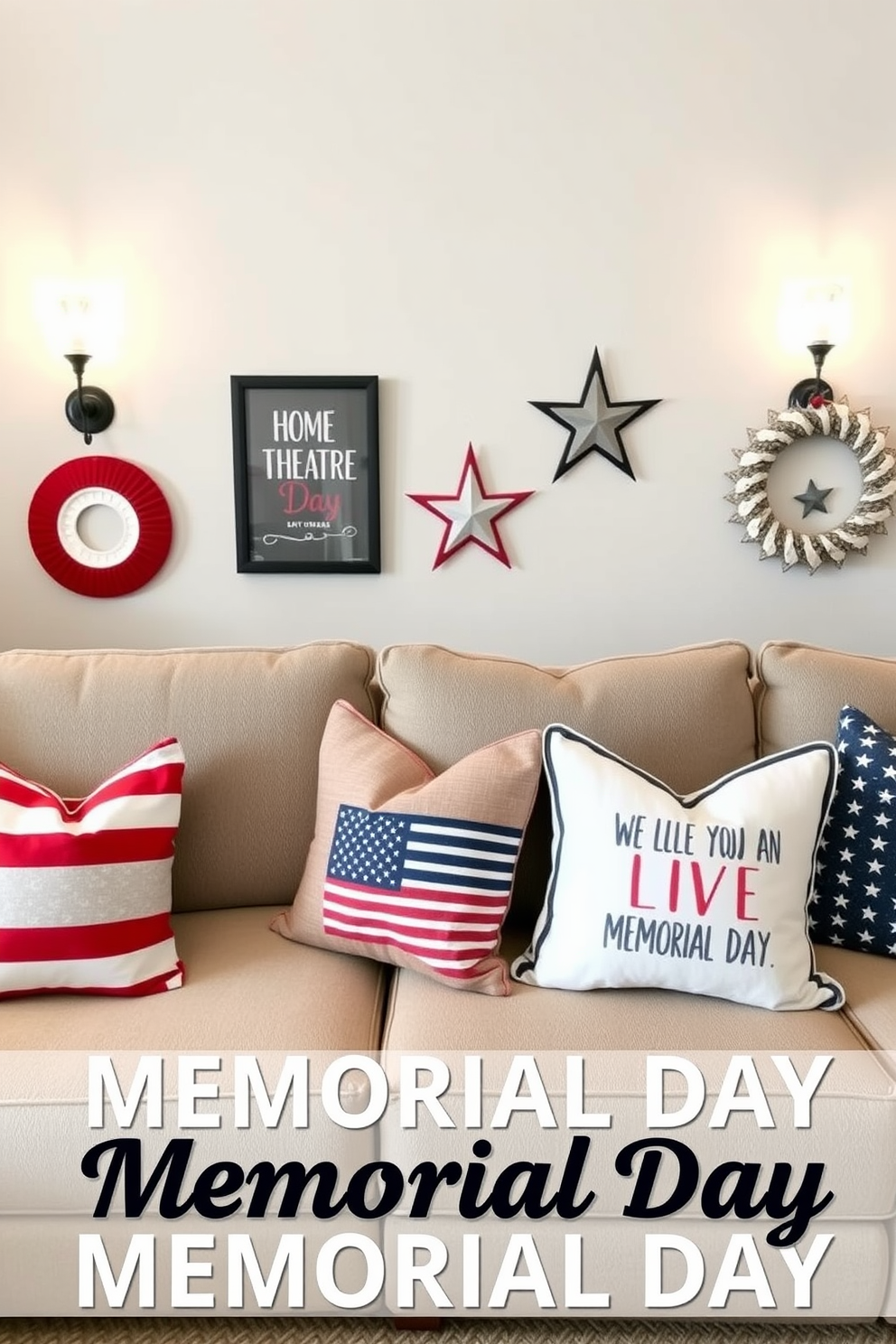 A cozy home theater setting designed for Memorial Day celebrations. Themed throw pillows in red, white, and blue patterns are arranged on a plush sectional sofa, creating a comfortable and inviting atmosphere. The walls are adorned with subtle patriotic decorations, enhancing the festive spirit. Soft lighting from stylish sconces illuminates the space, making it perfect for movie nights with family and friends.