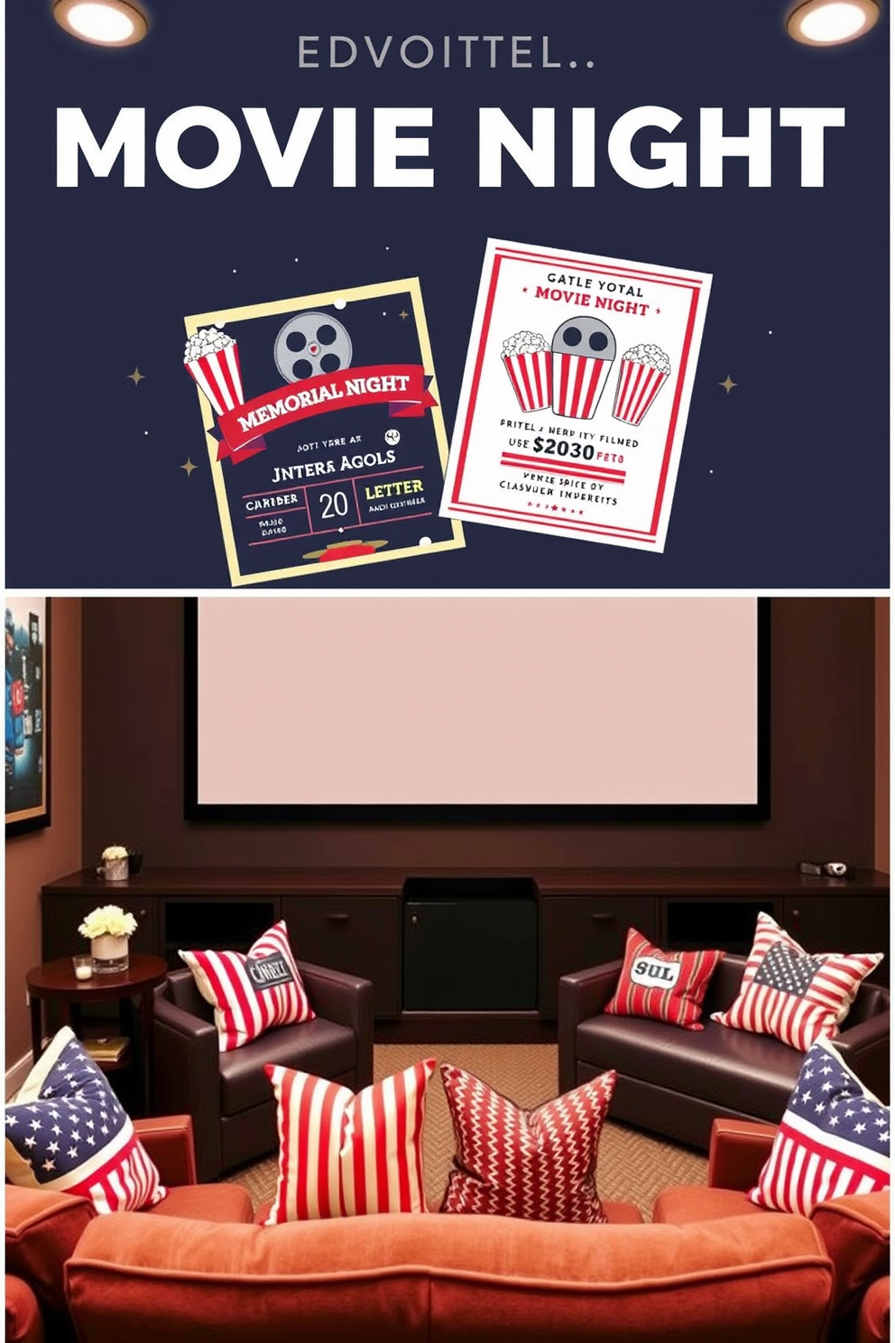 Custom movie night invitation decor featuring a vintage-style cinema theme. The invitations are designed with film reel graphics and popcorn illustrations, set against a dark blue background. Memorial Day home theater decorating ideas include patriotic red, white, and blue accents throughout the space. Cozy seating is adorned with themed throw pillows, and a large screen displays classic American films for the occasion.