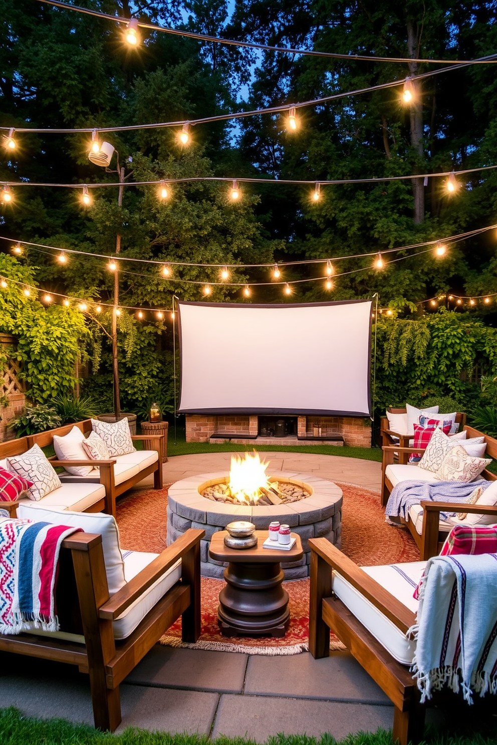 A cozy outdoor movie setup featuring a large white screen set up against a backdrop of lush greenery. Surrounding the fire pit are comfortable seating options like oversized cushions and rustic wooden benches, creating an inviting atmosphere for friends and family. The area is adorned with string lights hanging above, casting a warm glow over the space as night falls. Decorative blankets and a small table with snacks and drinks complete the home theater experience, making it perfect for a Memorial Day celebration.